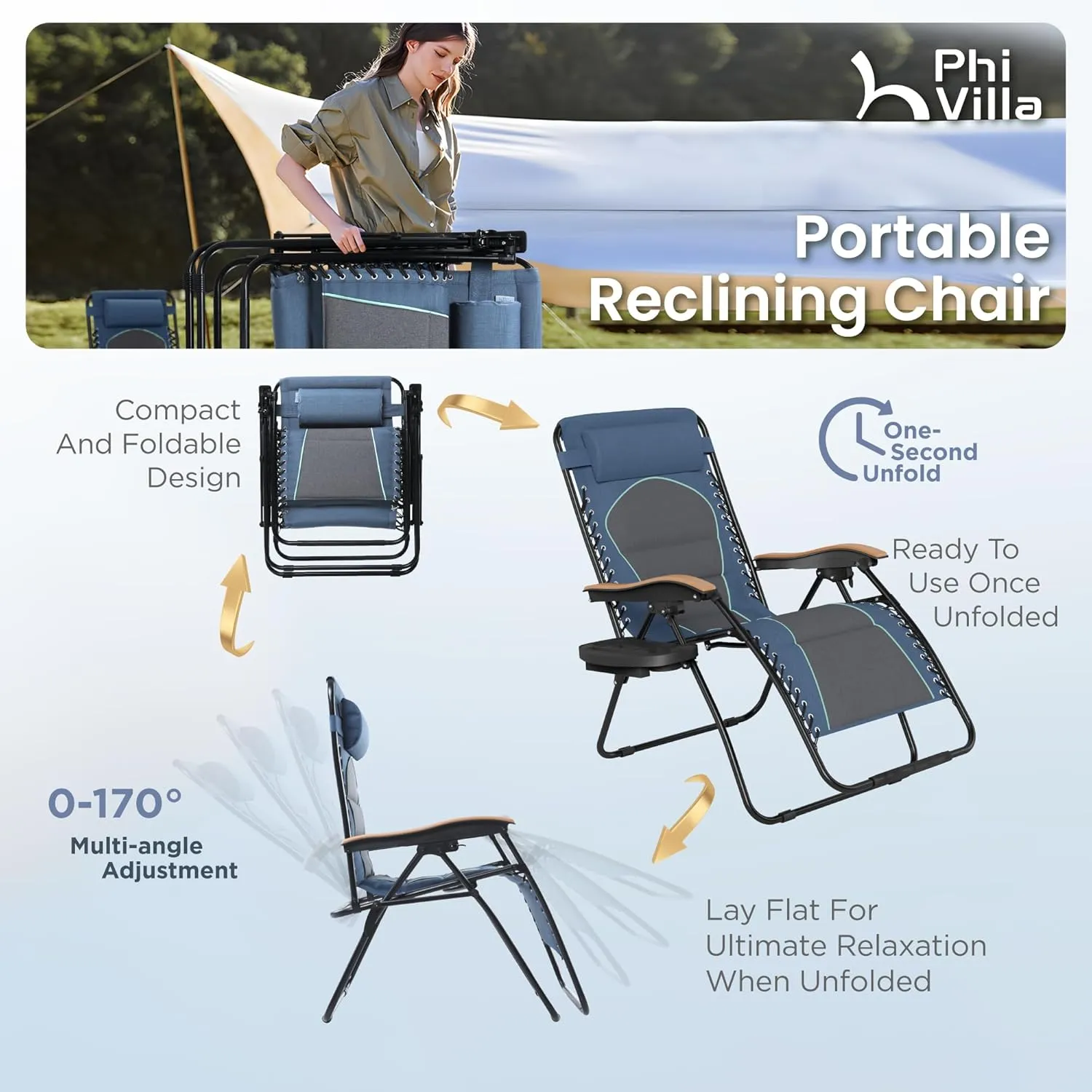 PHI VILLA XXL Oversized Padded Zero Gravity Chair, Foldable Patio Recliner, 30" Wide Seat Anti Gravity Lounger with Cup Holder, Support 400 LBS (Blue Accent)