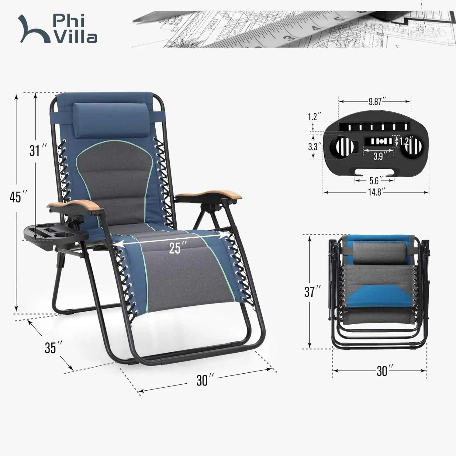 PHI VILLA XXL Oversized Padded Zero Gravity Chair, Foldable Patio Recliner, 30" Wide Seat Anti Gravity Lounger with Cup Holder, Support 400 LBS (Blue Accent)