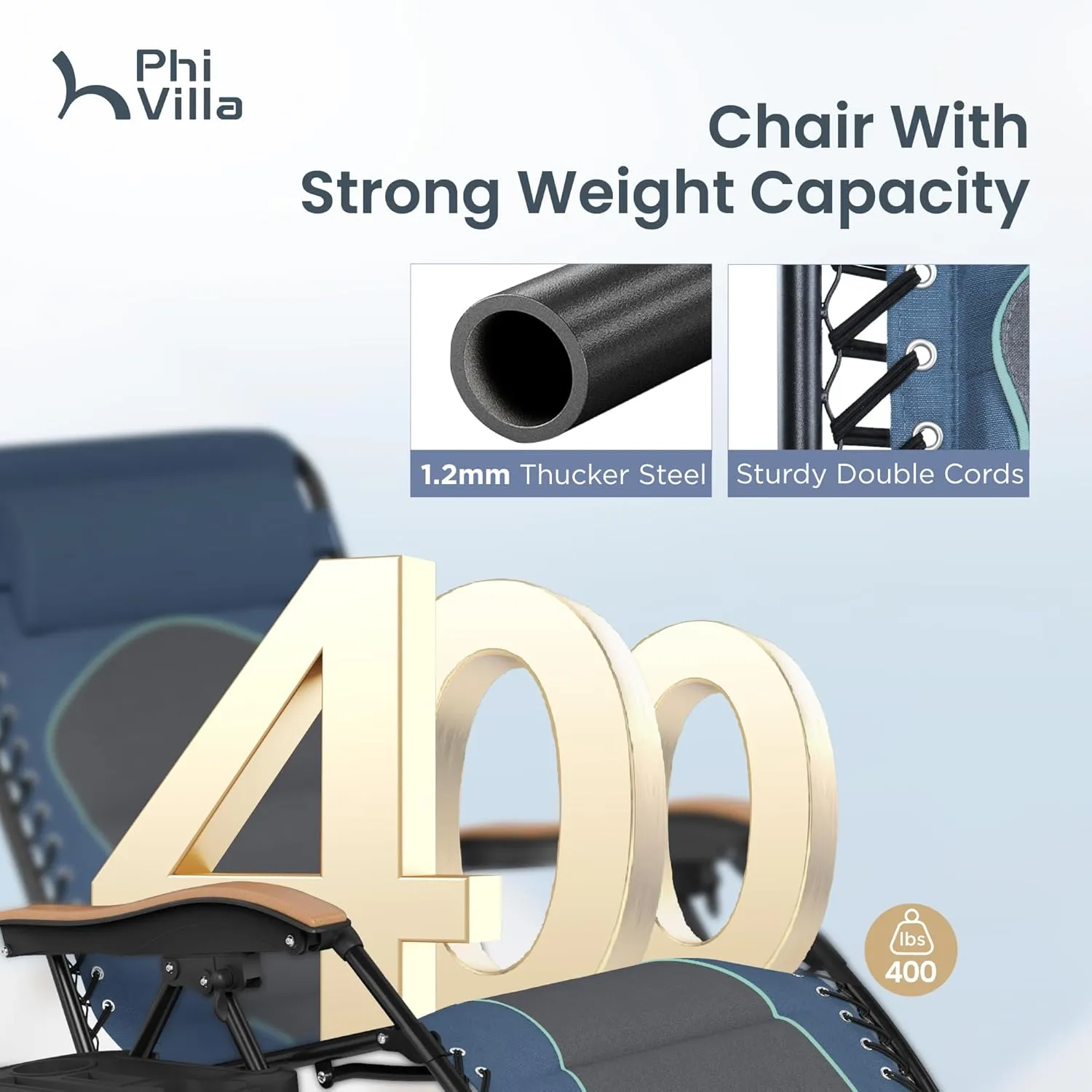 PHI VILLA XXL Oversized Padded Zero Gravity Chair, Foldable Patio Recliner, 30" Wide Seat Anti Gravity Lounger with Cup Holder, Support 400 LBS (Blue Accent)