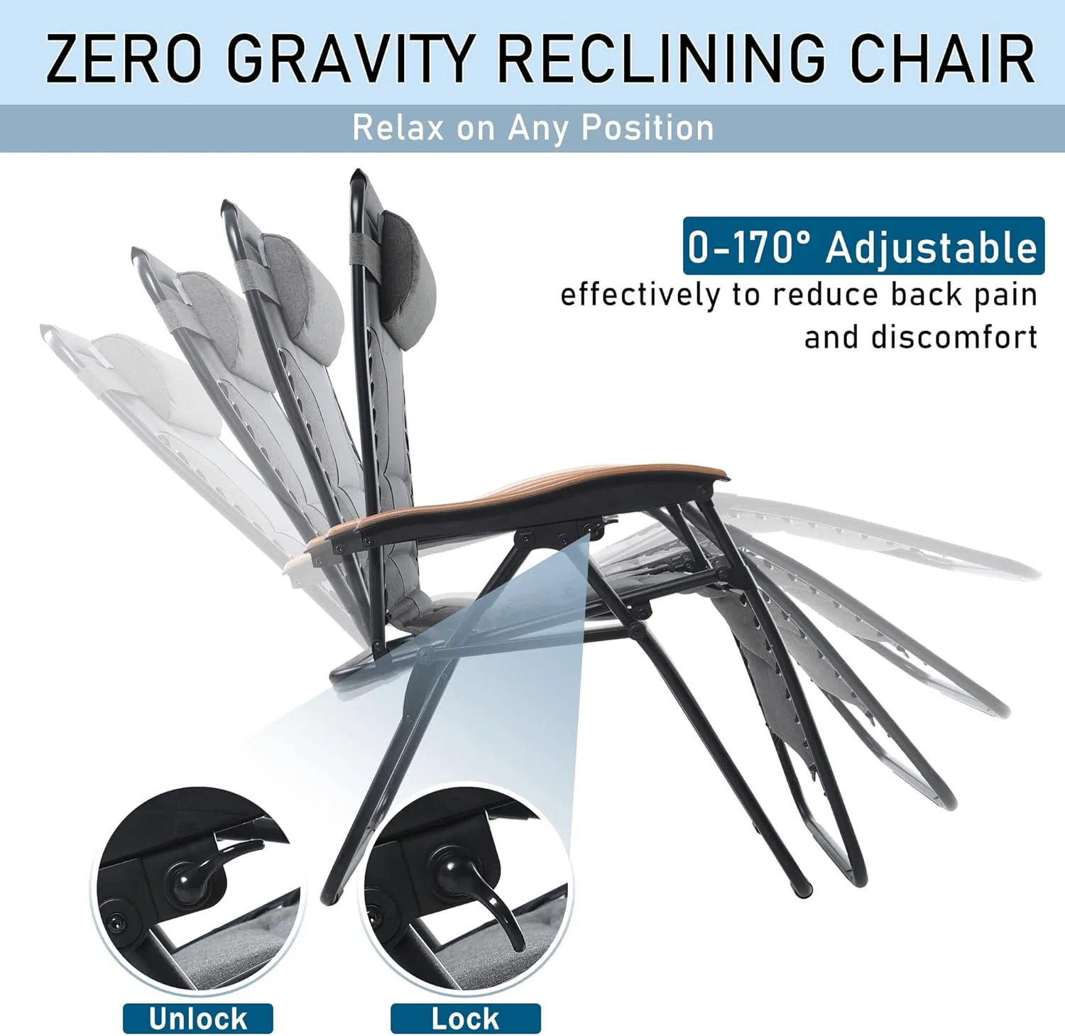 PHI VILLA XXL Oversized Padded Zero Gravity Chair, Foldable Patio Recliner, 30" Wide Seat Anti Gravity Lounger with Cup Holder, Support 400 LBS (Gray)