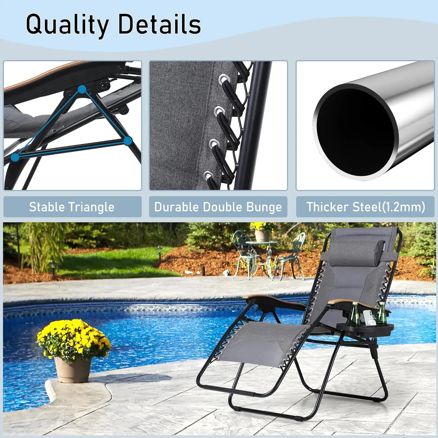 PHI VILLA XXL Oversized Padded Zero Gravity Chair, Foldable Patio Recliner, 30" Wide Seat Anti Gravity Lounger with Cup Holder, Support 400 LBS (Gray)