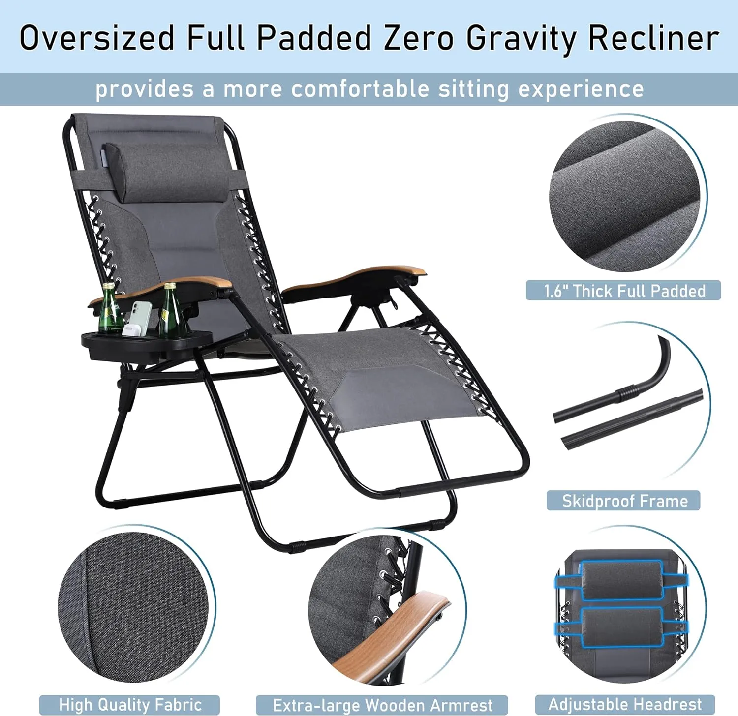 PHI VILLA XXL Oversized Padded Zero Gravity Chair, Foldable Patio Recliner, 30" Wide Seat Anti Gravity Lounger with Cup Holder, Support 400 LBS (Gray)