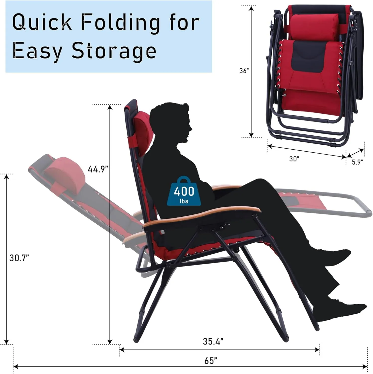 PHI VILLA XXL Oversized Padded Zero Gravity Chair, Foldable Patio Recliner, 30" Wide Seat Anti Gravity Lounger with Cup Holder, Support 400 LBS (Red)