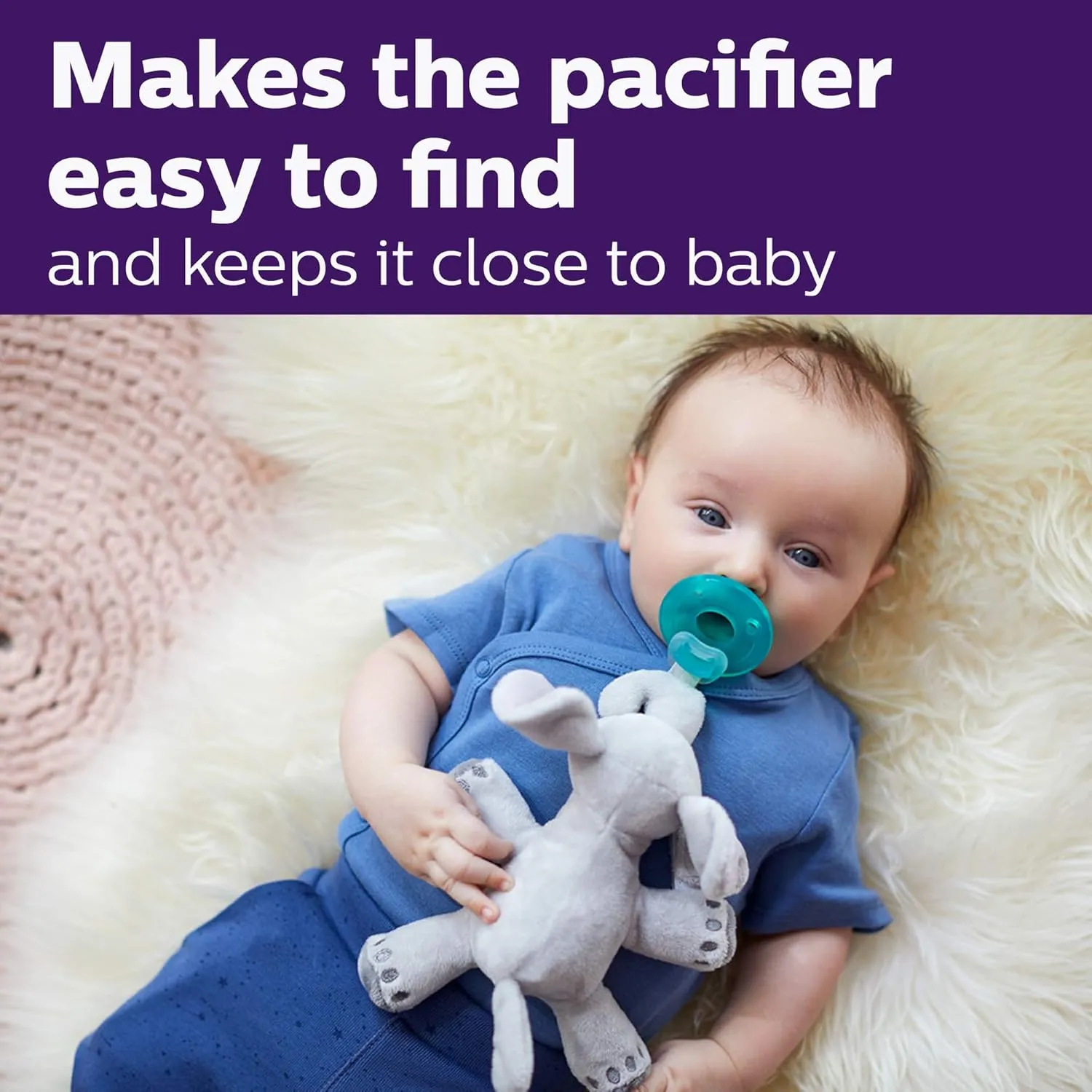 Philips AVENT Soothie Snuggle Pacifier Holder with Detachable Pacifier, 0m , Elephant, SCF347/03- 1 Count (Pack of 1)