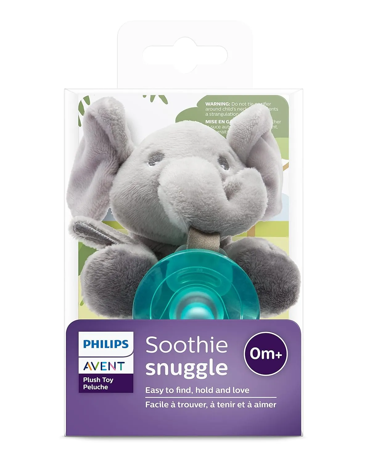 Philips AVENT Soothie Snuggle Pacifier Holder with Detachable Pacifier, 0m , Elephant, SCF347/03- 1 Count (Pack of 1)
