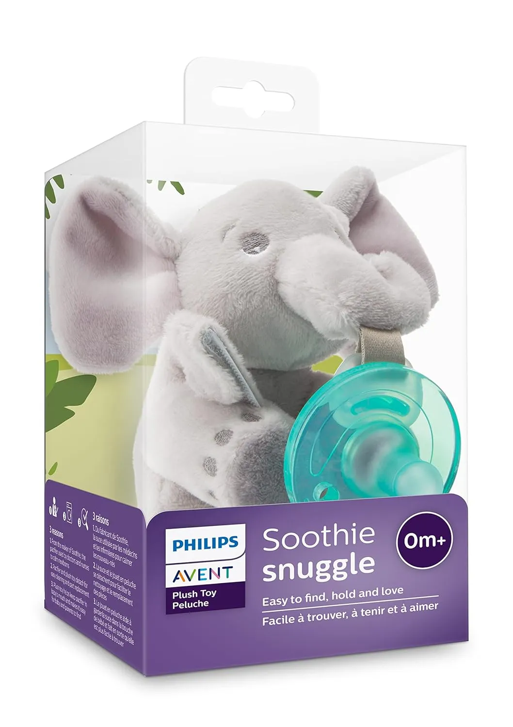 Philips AVENT Soothie Snuggle Pacifier Holder with Detachable Pacifier, 0m , Elephant, SCF347/03- 1 Count (Pack of 1)