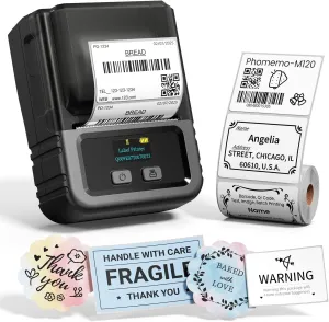 Phomemo M120 Label Maker Machine with Tape, 2 Inch Thermal Label Printer for Small Bussiness, Office, Home, Barcode, Address, Logo, Clothing, Sticker Printer for Phone & PC, with 1Roll Label, Black