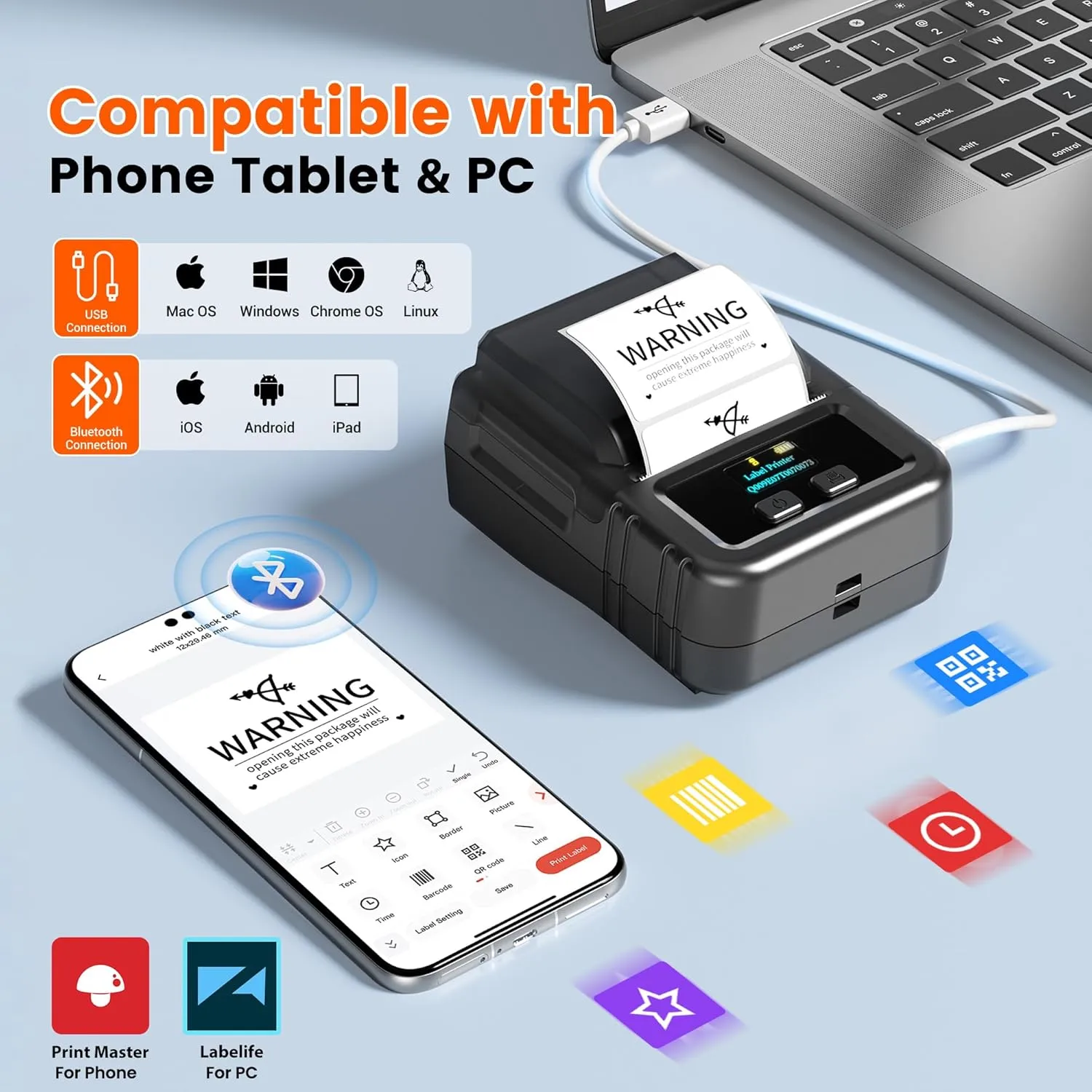Phomemo M120 Label Maker Machine with Tape, 2 Inch Thermal Label Printer for Small Bussiness, Office, Home, Barcode, Address, Logo, Clothing, Sticker Printer for Phone & PC, with 1Roll Label, Black