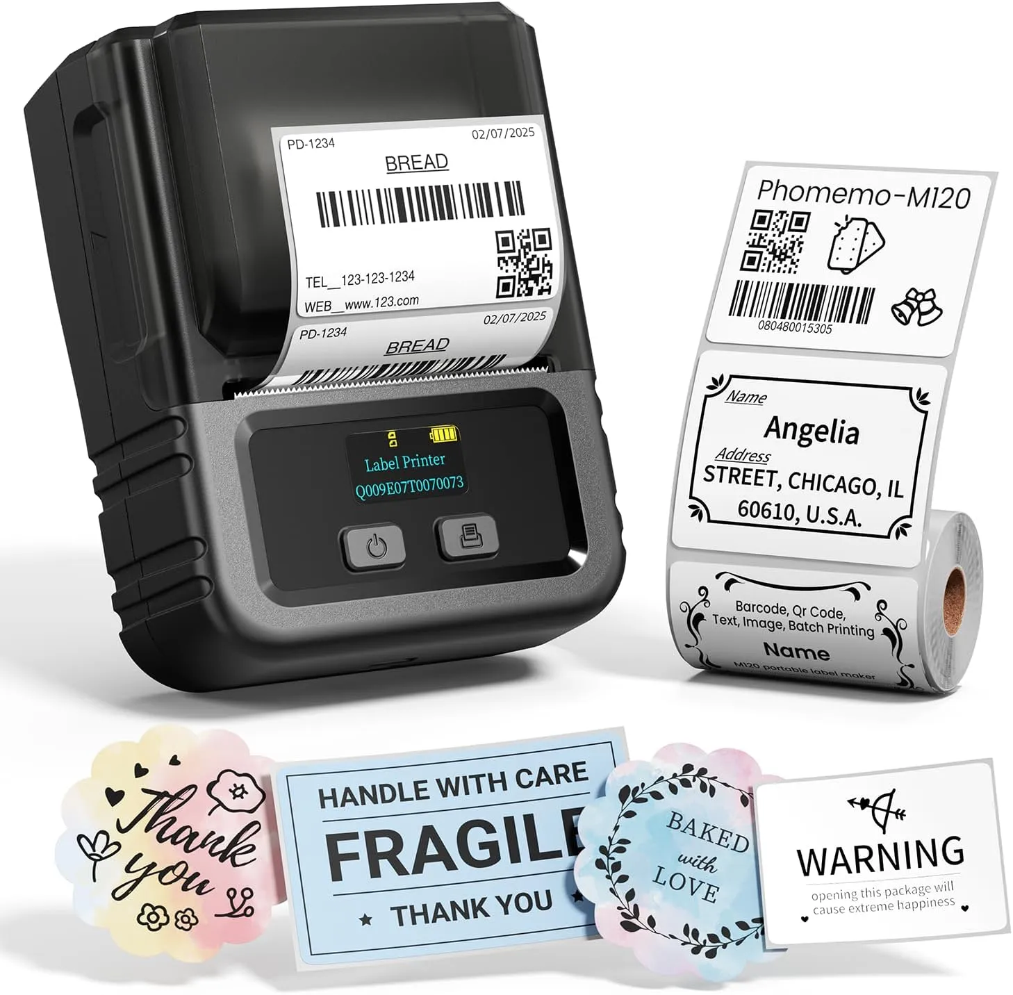 Phomemo M120 Label Maker Machine with Tape, 2 Inch Thermal Label Printer for Small Bussiness, Office, Home, Barcode, Address, Logo, Clothing, Sticker Printer for Phone & PC, with 1Roll Label, Black