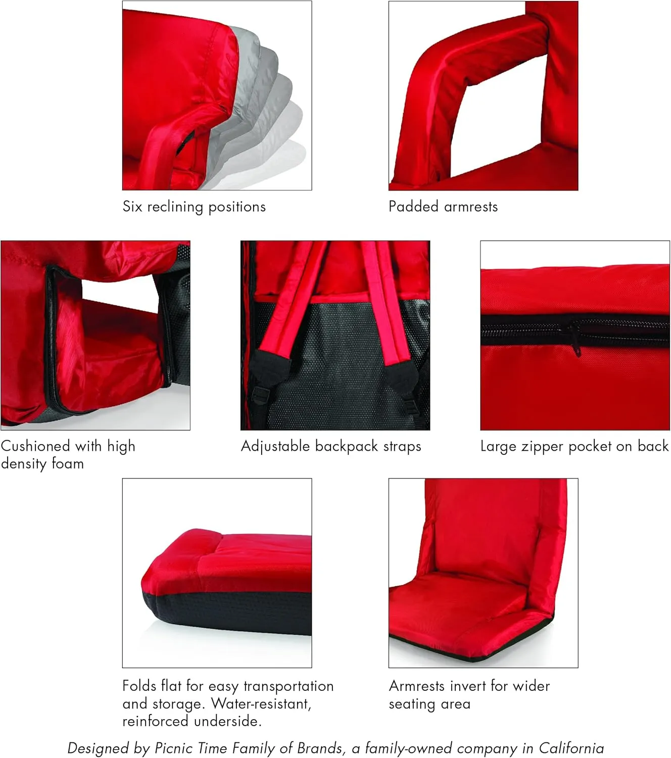 PICNIC TIME Coca-Cola Enjoy Coke Ventura Reclining Stadium Seat with Back Support, Bleacher Seat, Beach Floor Chair, (Red)