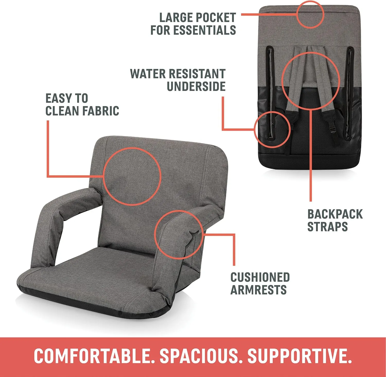 PICNIC TIME ONIVA - a Brand Ventura Reclining Stadium Seat with Back Support - Bleacher Seat - Beach Floor Chair, (Navy Blue)