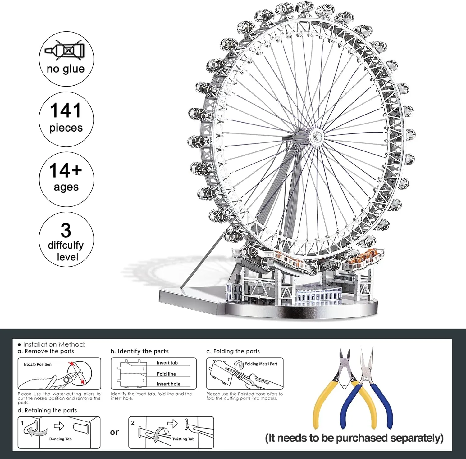 Piececool 3D Metal Model Puzzles for Adults, Upgraded Large London Eye Architecture 3D Metal Models Building Kits, Best Birthday Gifts, 141 Pcs