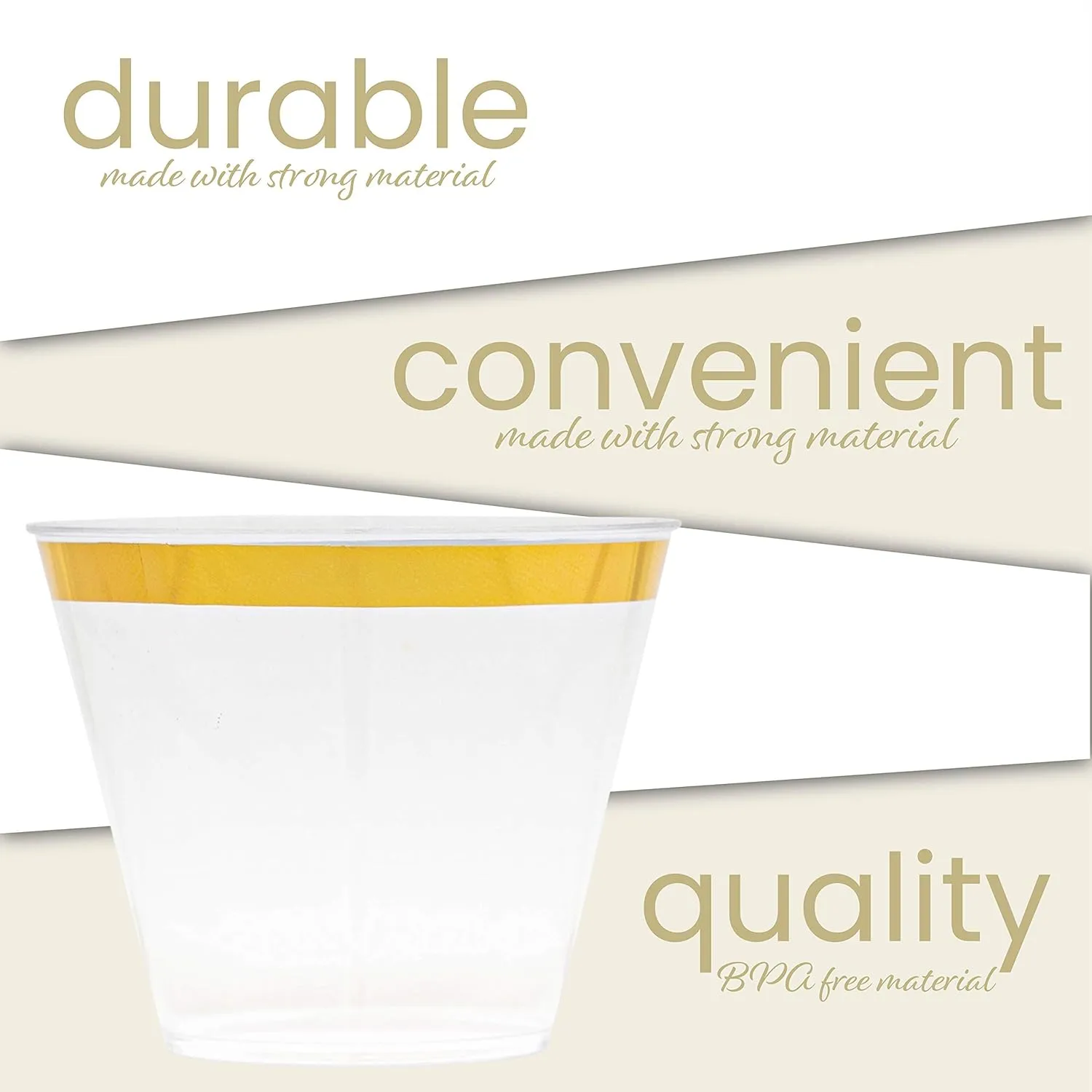 PLASTICPRO 9 oz Disposable Plastic Party Cups,Old fashioned Designed Tumblers, With gold Rim 100 Count, Crystal Clear
