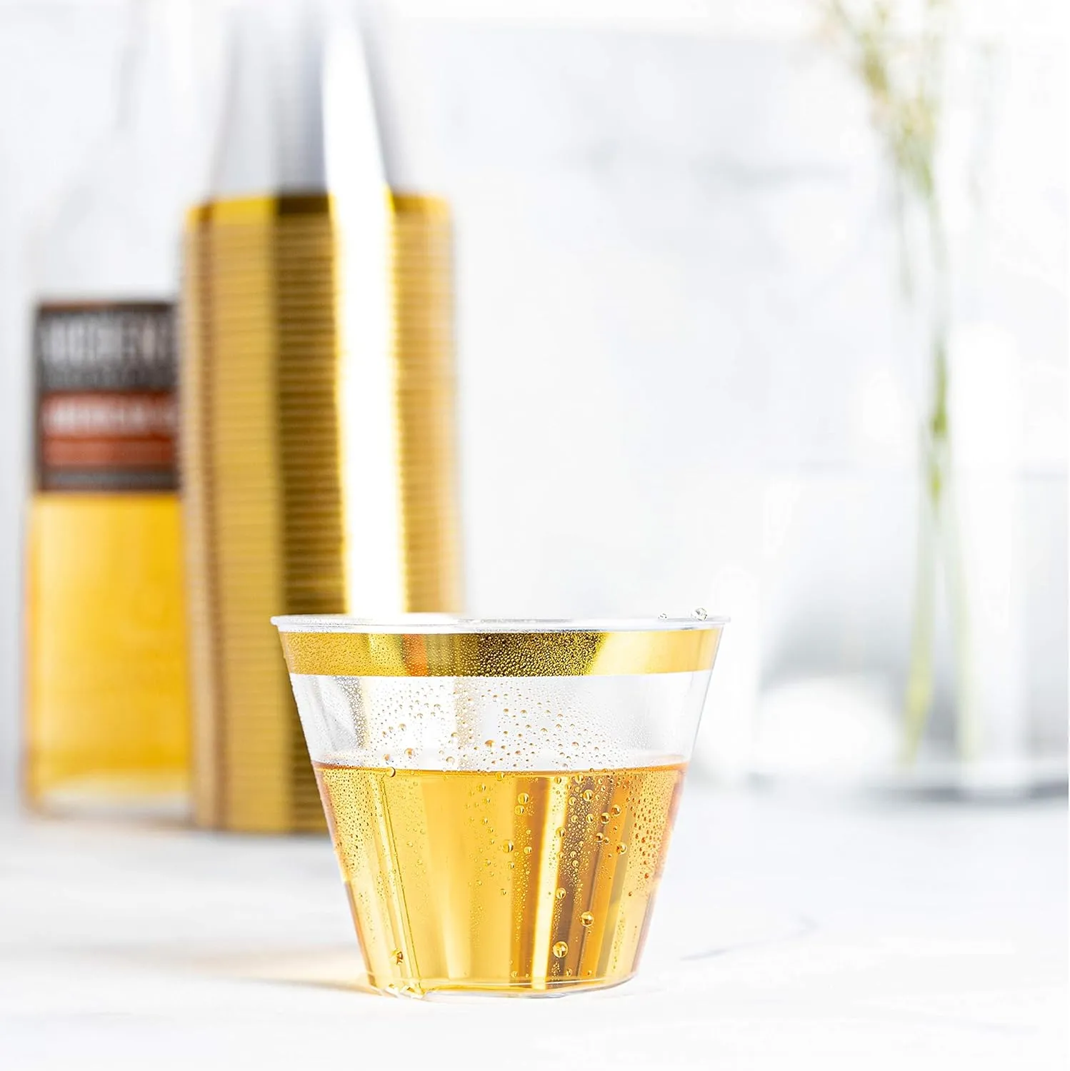 PLASTICPRO 9 oz Disposable Plastic Party Cups,Old fashioned Designed Tumblers, With gold Rim 100 Count, Crystal Clear