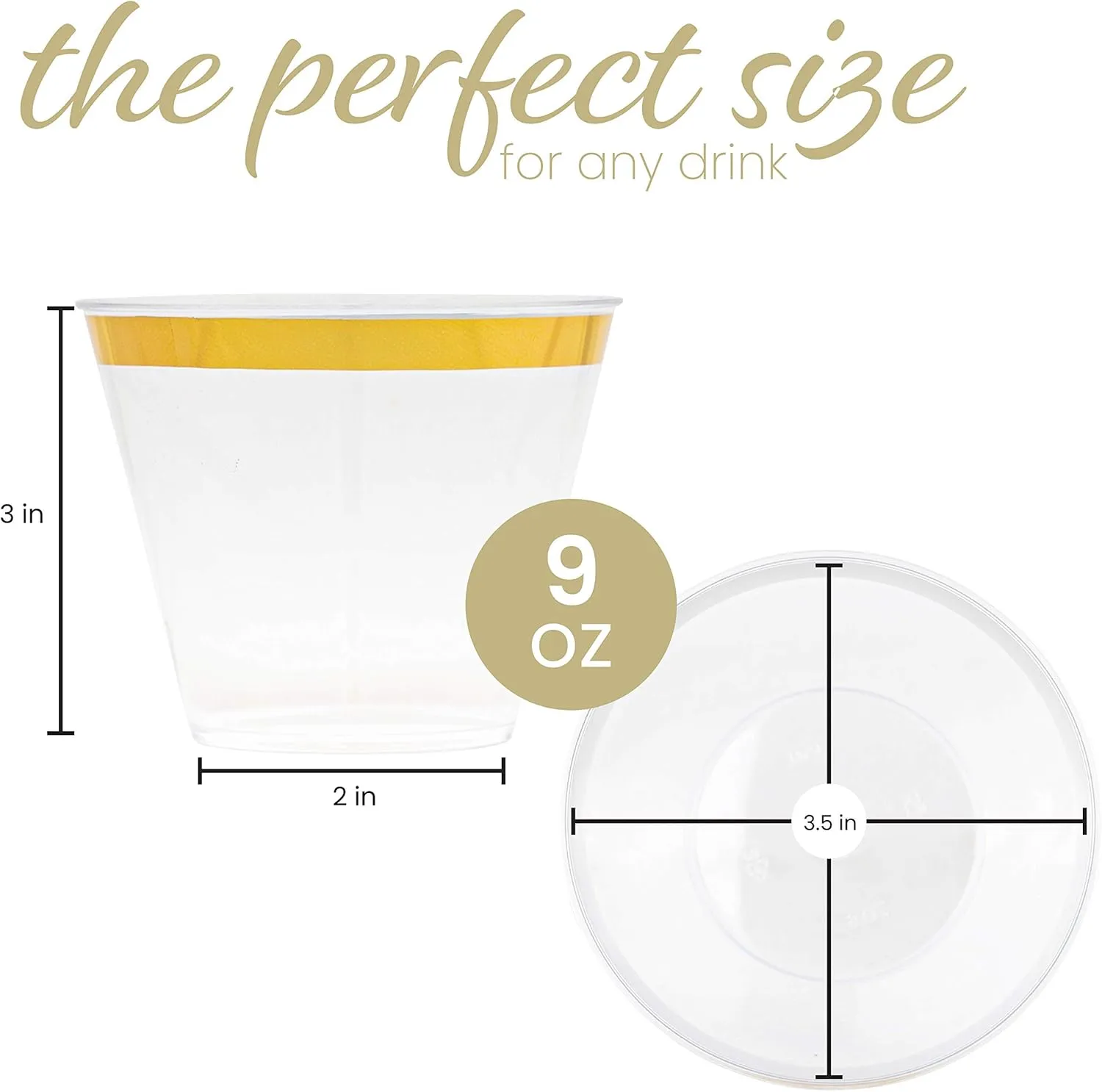 PLASTICPRO 9 oz Disposable Plastic Party Cups,Old fashioned Designed Tumblers, With gold Rim 100 Count, Crystal Clear