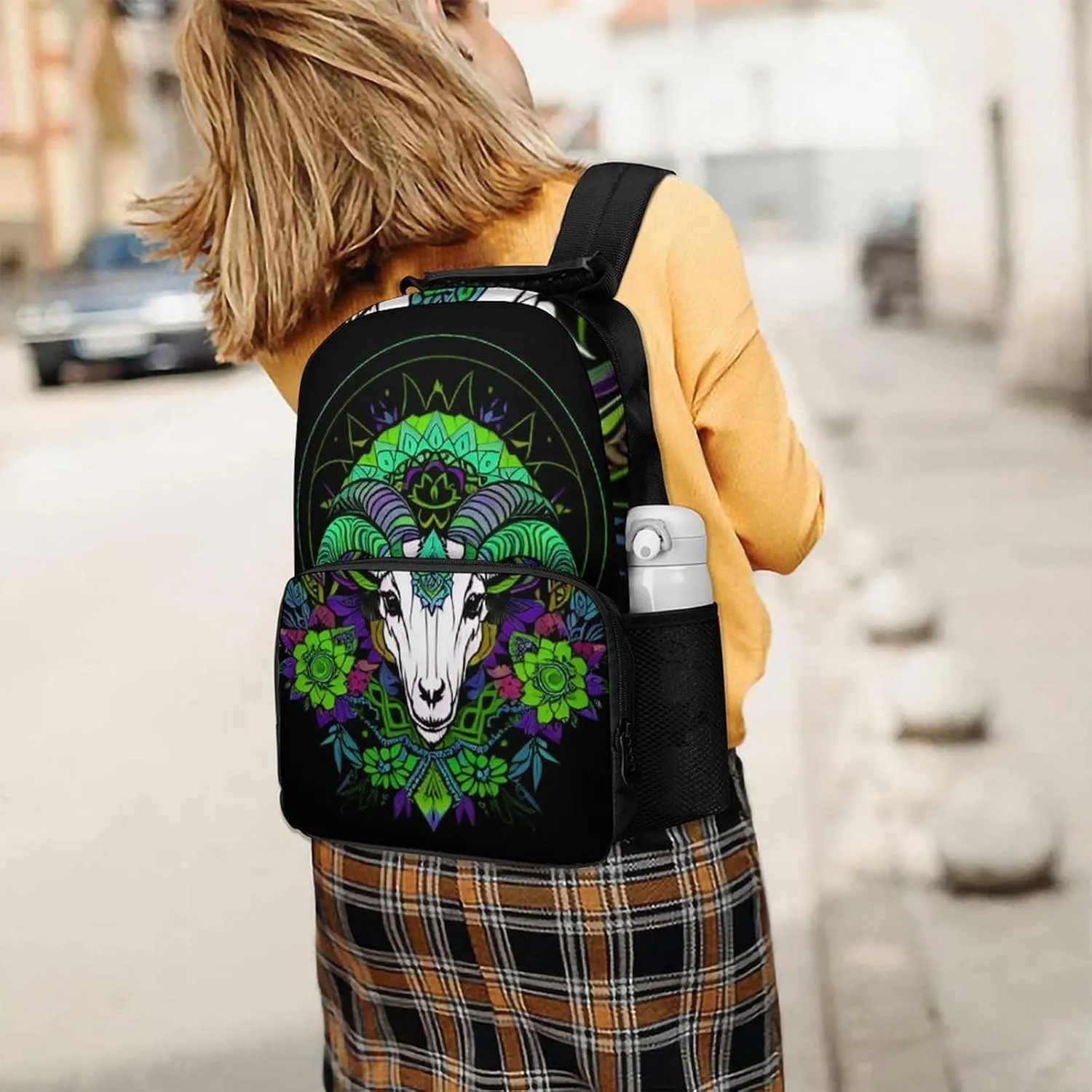 Polyester Daypack Backpack for Climbing Outdoors Running - Big Capacity Multipurpose Anti-Theft Bookbag, Psychedelic Goat Skull Art Travel Hiking & Camping Rucksack