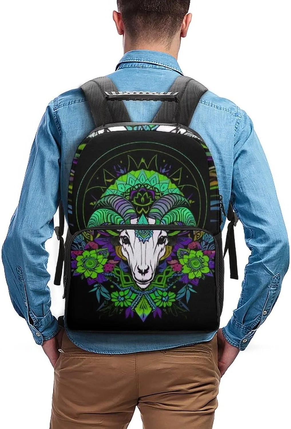 Polyester Daypack Backpack for Climbing Outdoors Running - Big Capacity Multipurpose Anti-Theft Bookbag, Psychedelic Goat Skull Art Travel Hiking & Camping Rucksack
