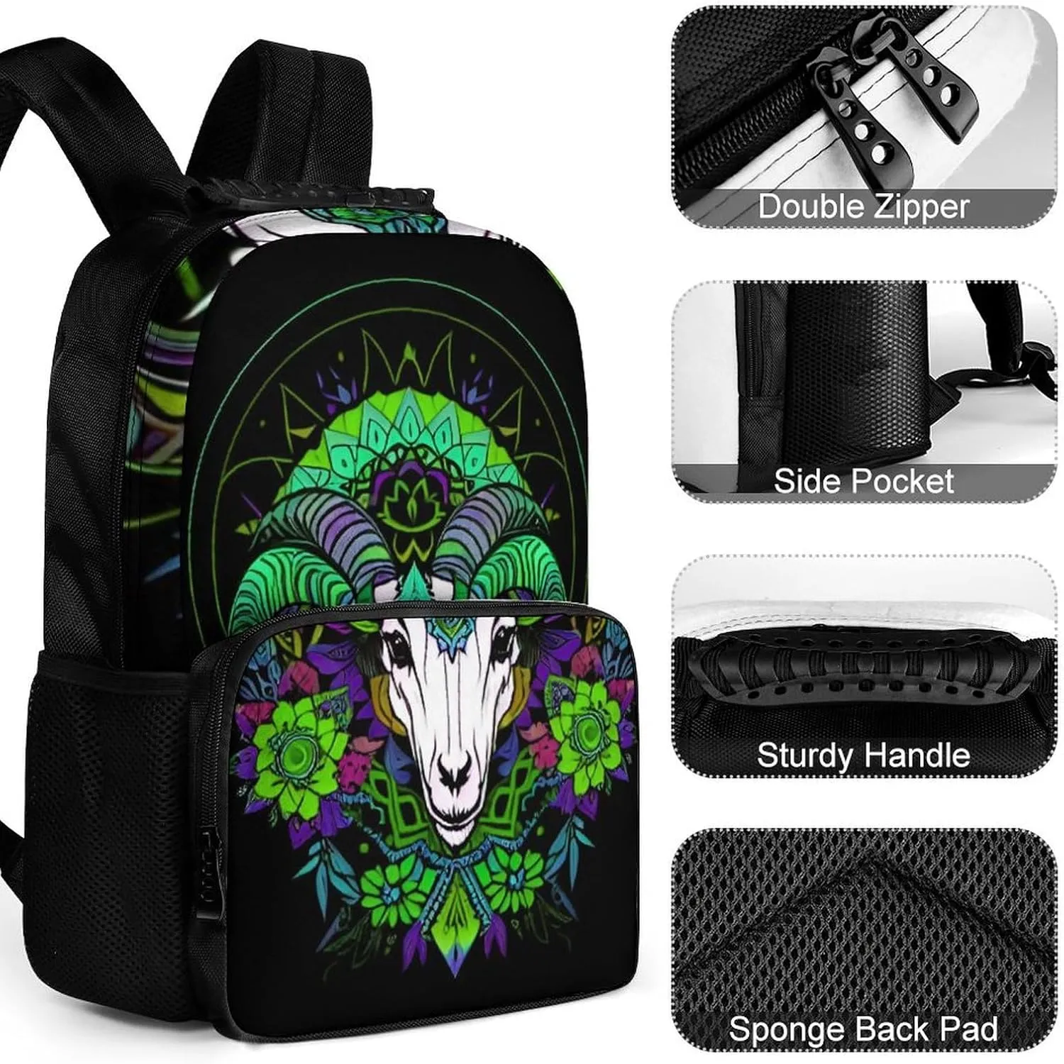 Polyester Daypack Backpack for Climbing Outdoors Running - Big Capacity Multipurpose Anti-Theft Bookbag, Psychedelic Goat Skull Art Travel Hiking & Camping Rucksack