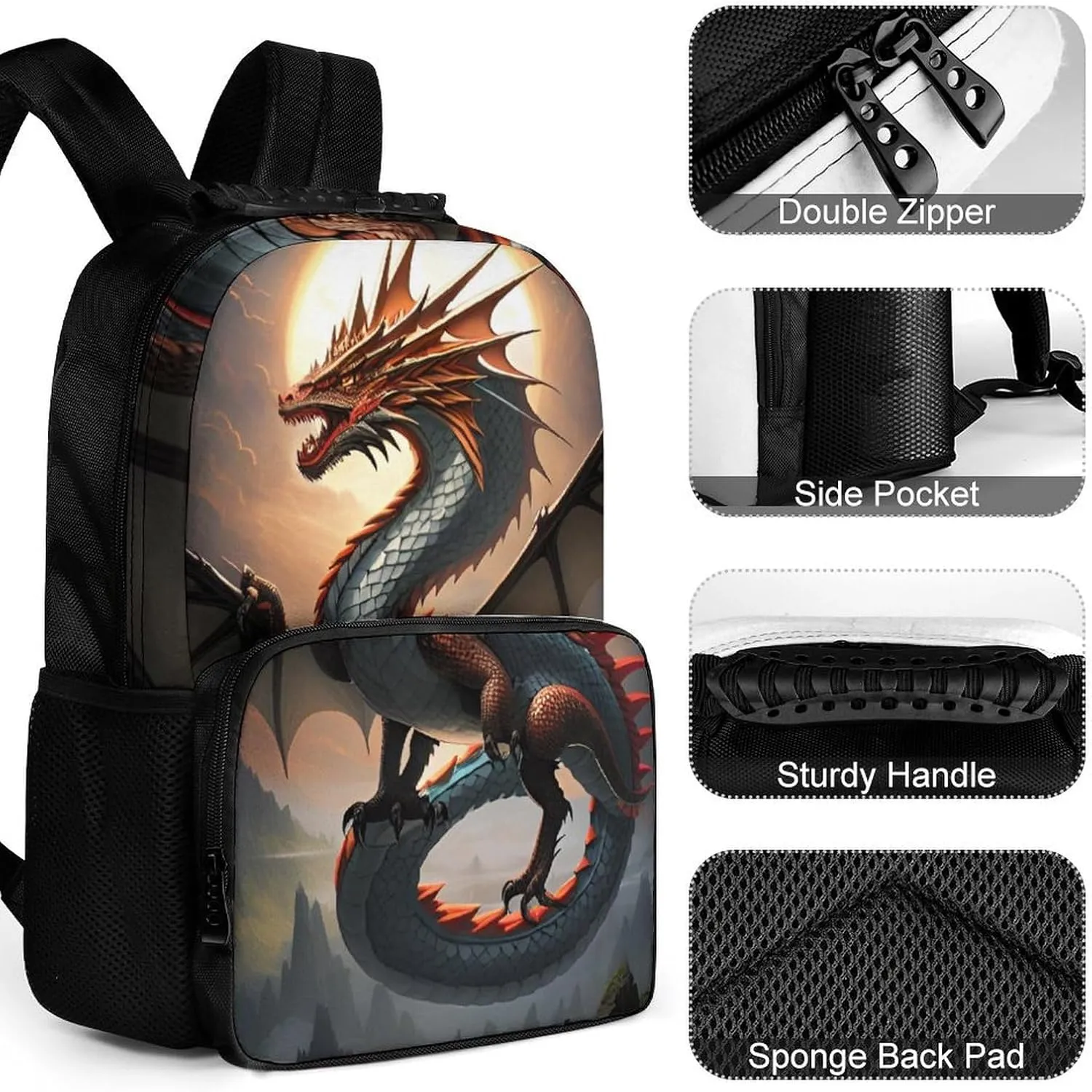 Polyester Daypack Backpack for Sports Travel Running - Big Capacity Anti-Theft Multipurpose Carry On Bag, Majestic Dragon Fantasy Art Laptop Book Bag Rucksack