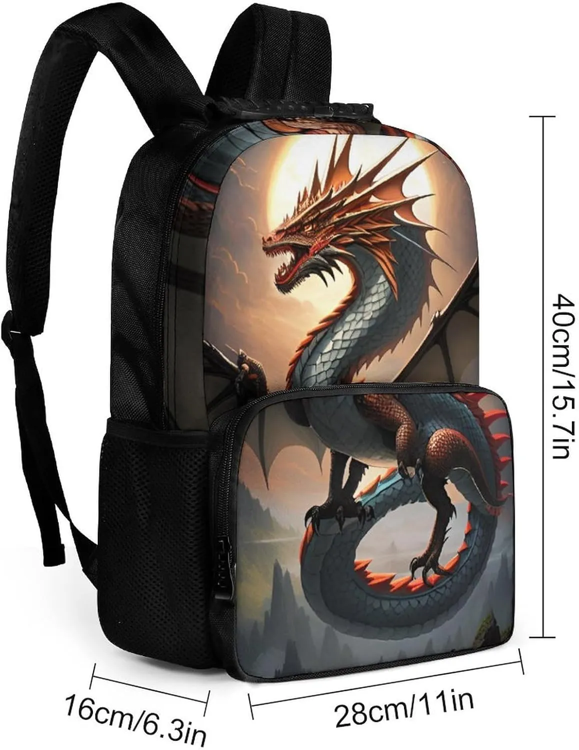 Polyester Daypack Backpack for Sports Travel Running - Big Capacity Anti-Theft Multipurpose Carry On Bag, Majestic Dragon Fantasy Art Laptop Book Bag Rucksack