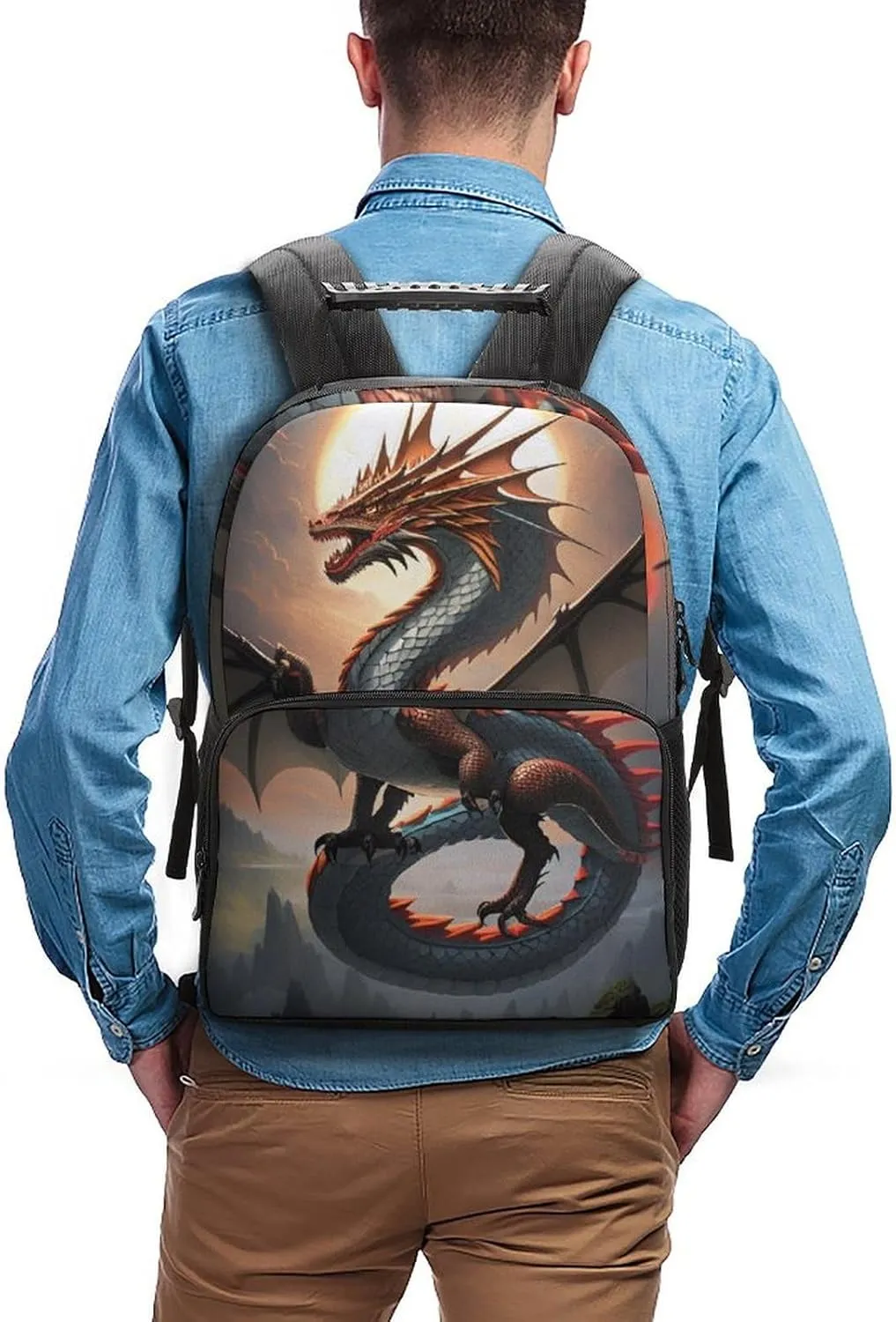 Polyester Daypack Backpack for Sports Travel Running - Big Capacity Anti-Theft Multipurpose Carry On Bag, Majestic Dragon Fantasy Art Laptop Book Bag Rucksack