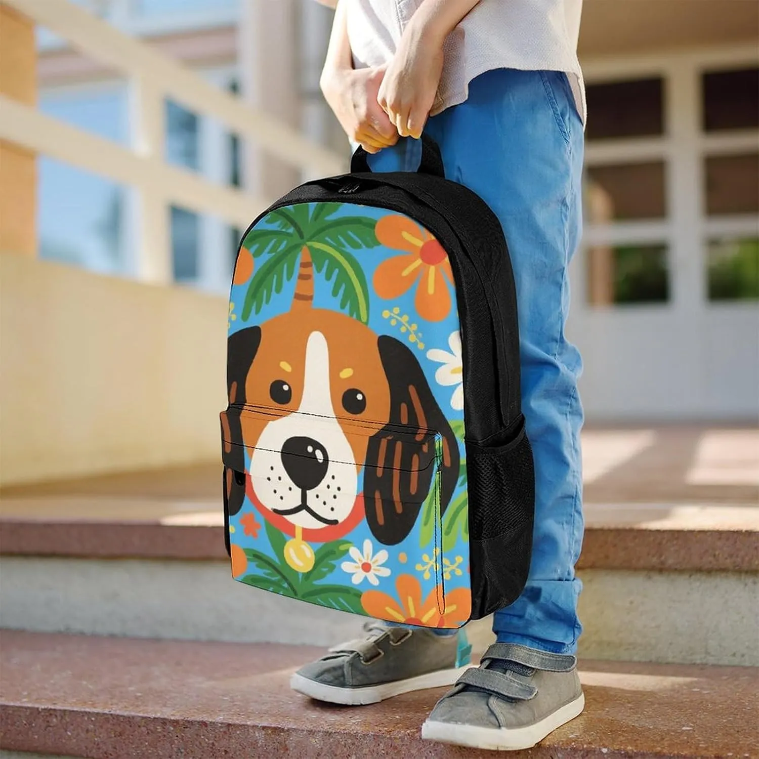 Polyester Daypack Backpack for Trekking Picnic Walking Cycling - Large Capacity Anti-Theft Multipurpose Shoulder Bag, Hawaiian Flowers Floral Dog Art Casual Daypack