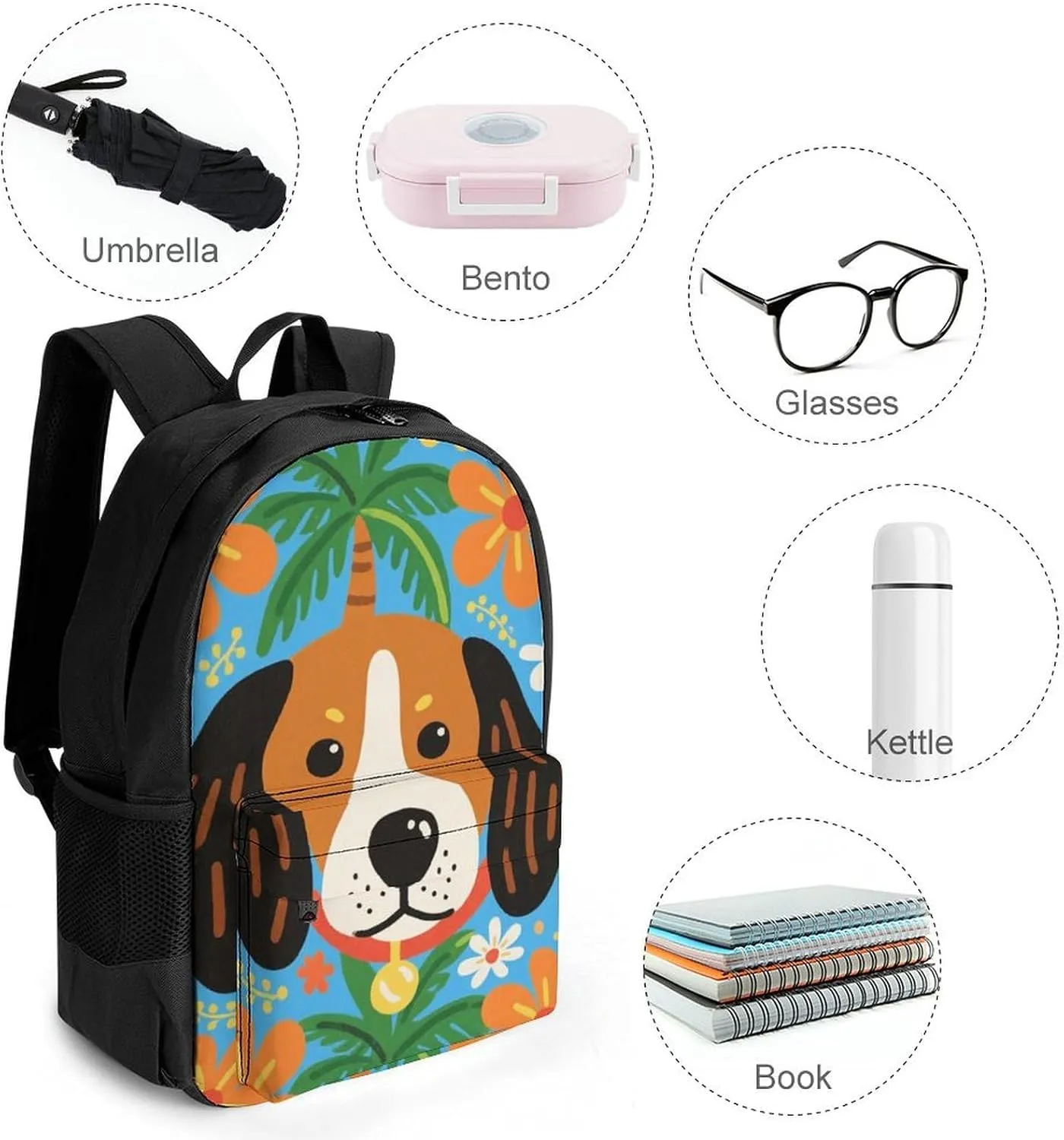 Polyester Daypack Backpack for Trekking Picnic Walking Cycling - Large Capacity Anti-Theft Multipurpose Shoulder Bag, Hawaiian Flowers Floral Dog Art Casual Daypack