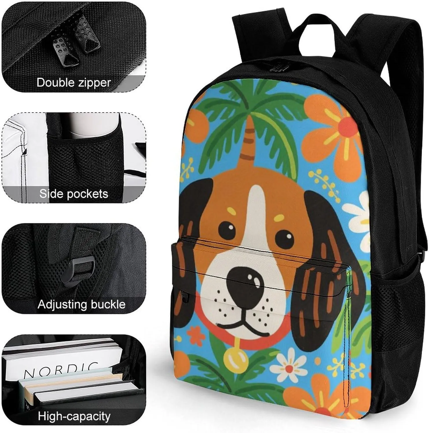 Polyester Daypack Backpack for Trekking Picnic Walking Cycling - Large Capacity Anti-Theft Multipurpose Shoulder Bag, Hawaiian Flowers Floral Dog Art Casual Daypack