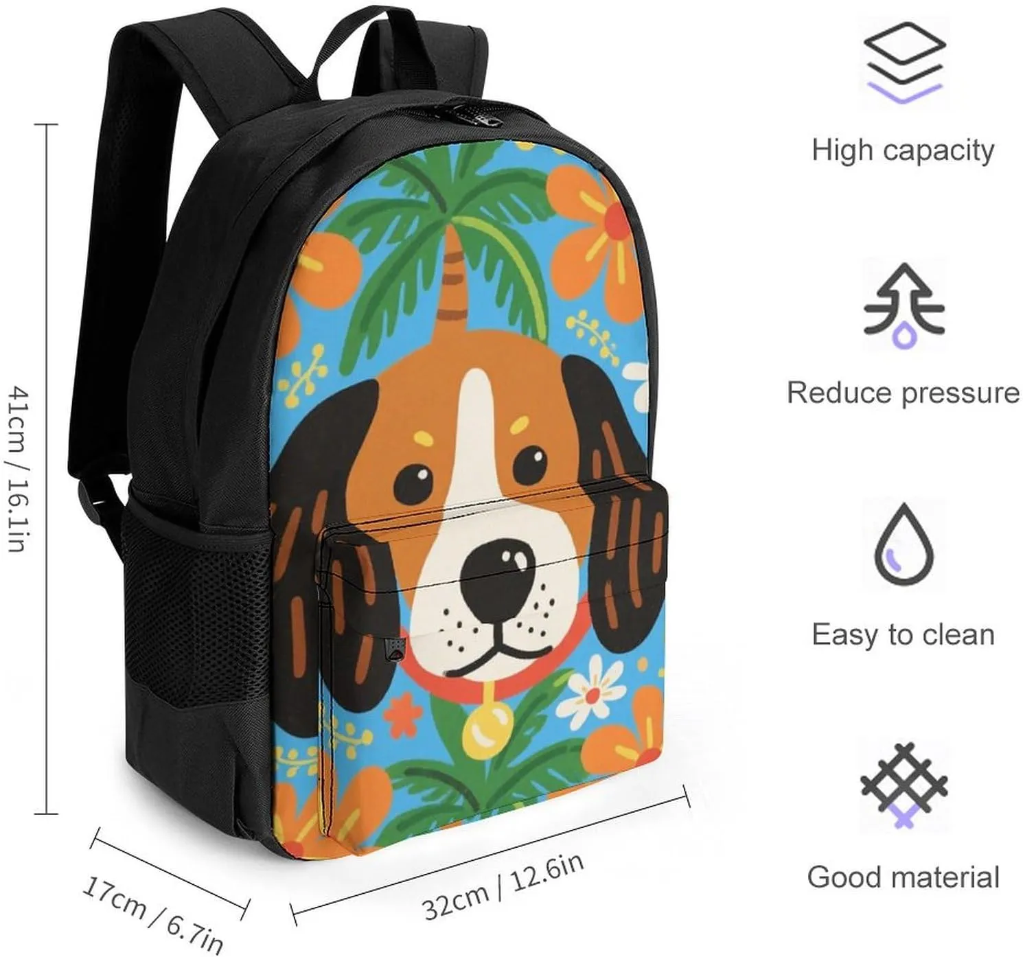 Polyester Daypack Backpack for Trekking Picnic Walking Cycling - Large Capacity Anti-Theft Multipurpose Shoulder Bag, Hawaiian Flowers Floral Dog Art Casual Daypack