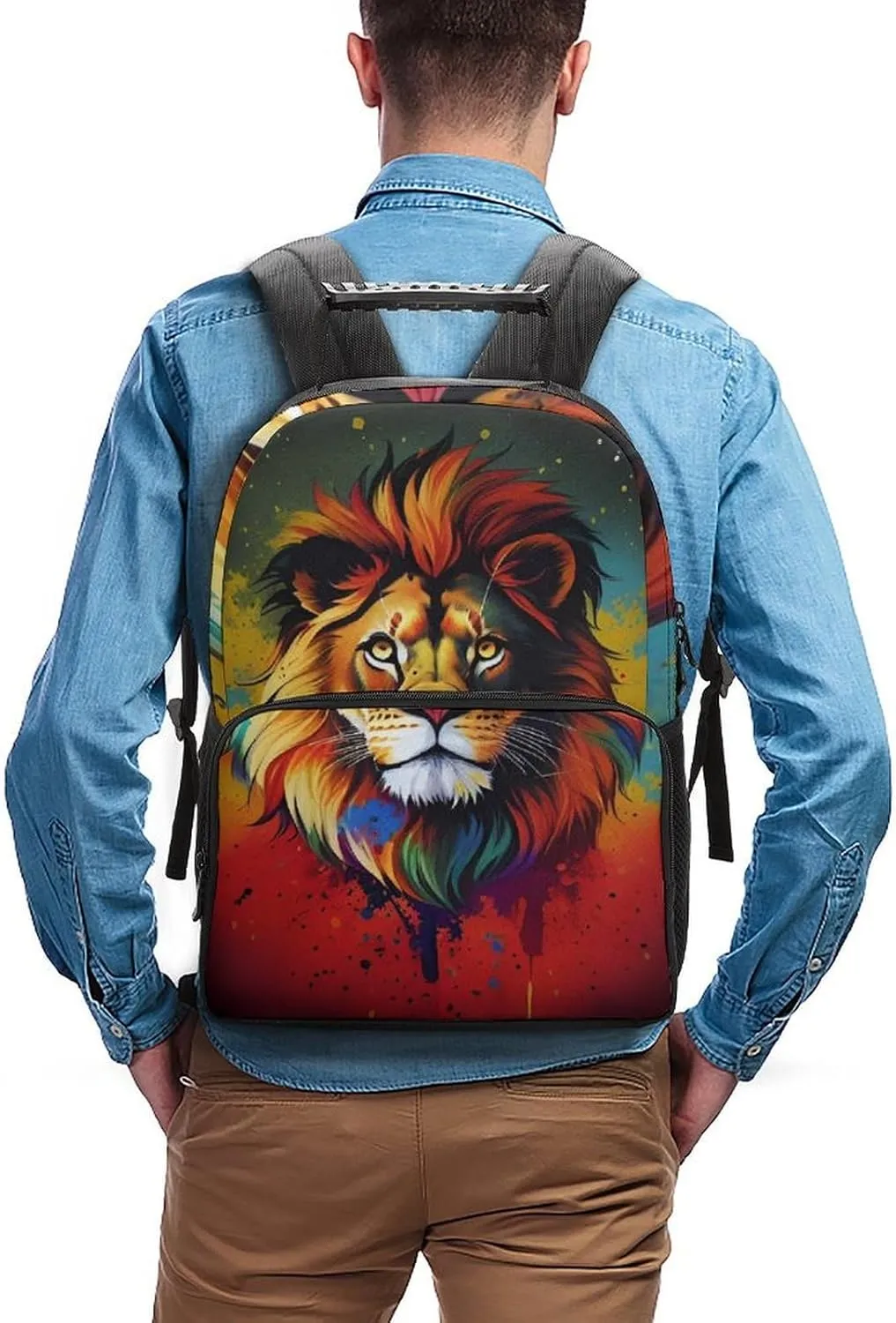 Polyester Daypack Backpack for Trekking Picnic Walking Cycling - Large Capacity Anti-Theft Multipurpose Shoulder Bag, Lion Splatter Painting Casual Daypack