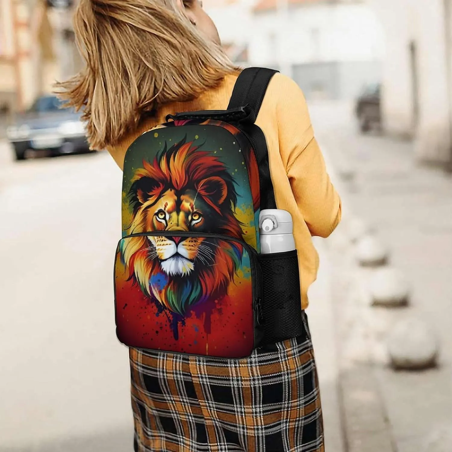 Polyester Daypack Backpack for Trekking Picnic Walking Cycling - Large Capacity Anti-Theft Multipurpose Shoulder Bag, Lion Splatter Painting Casual Daypack