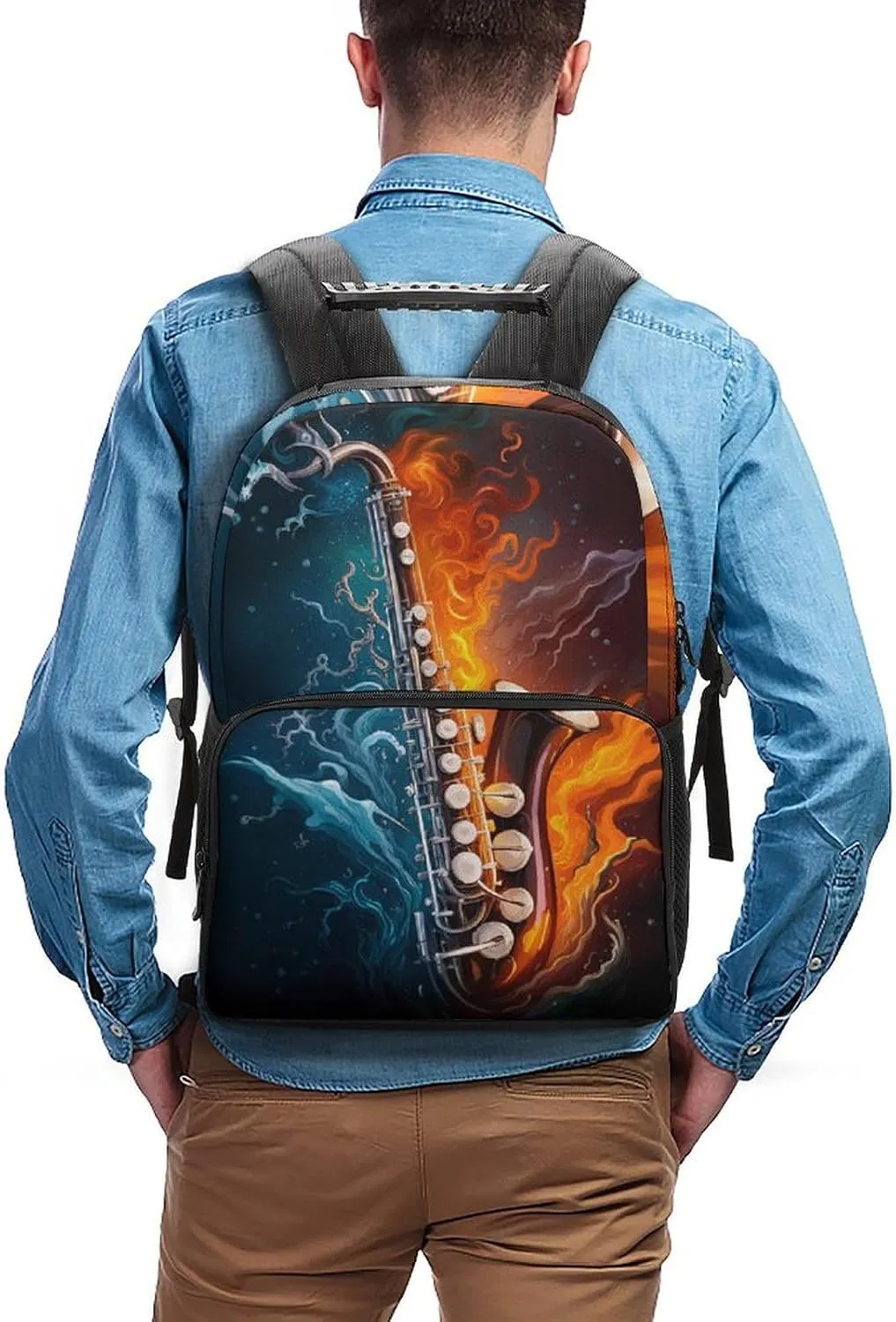 Polyester Daypack Bookbag for Gym Business Bicycle - Large Capacity Multipurpose Anti-Theft Carry On Bag, Saxophone In Fire And Water Art Travel Hiking Daypack