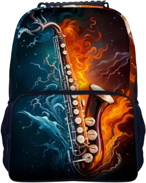 Polyester Daypack Bookbag for Gym Business Bicycle - Large Capacity Multipurpose Anti-Theft Carry On Bag, Saxophone In Fire And Water Art Travel Hiking Daypack