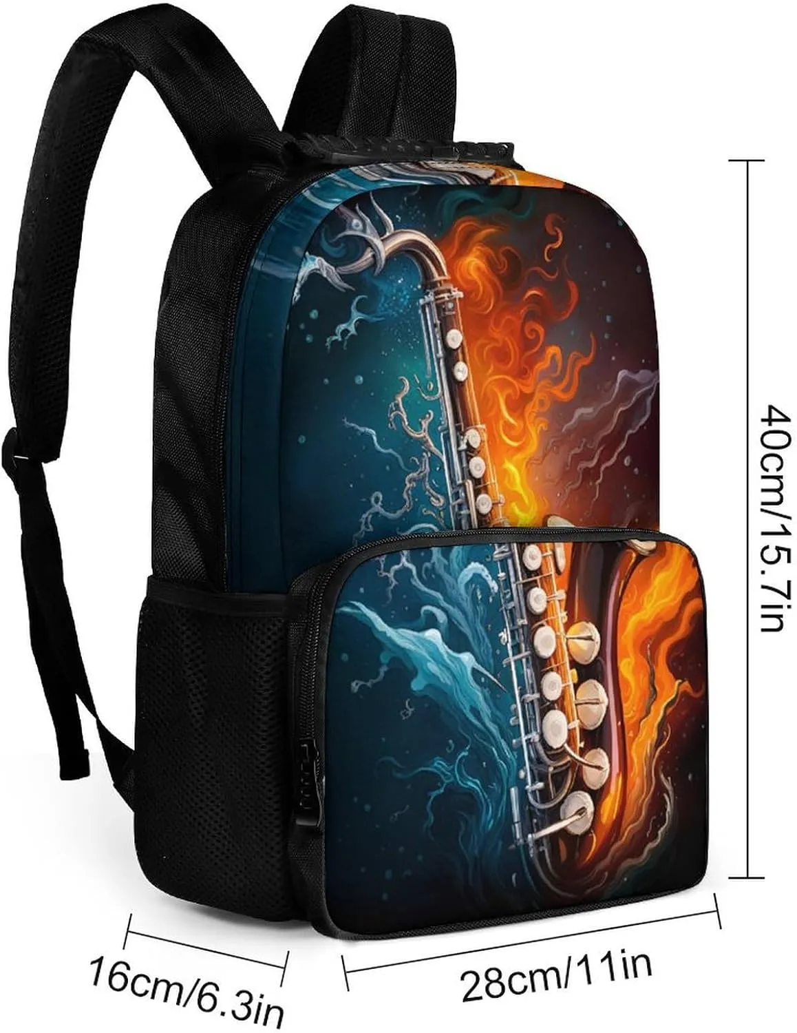 Polyester Daypack Bookbag for Gym Business Bicycle - Large Capacity Multipurpose Anti-Theft Carry On Bag, Saxophone In Fire And Water Art Travel Hiking Daypack