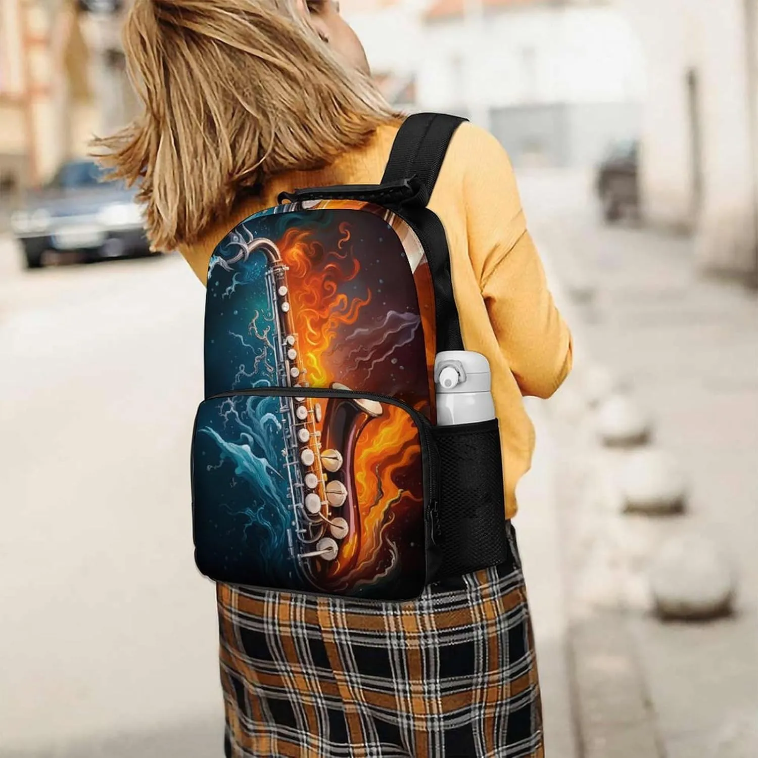Polyester Daypack Bookbag for Gym Business Bicycle - Large Capacity Multipurpose Anti-Theft Carry On Bag, Saxophone In Fire And Water Art Travel Hiking Daypack