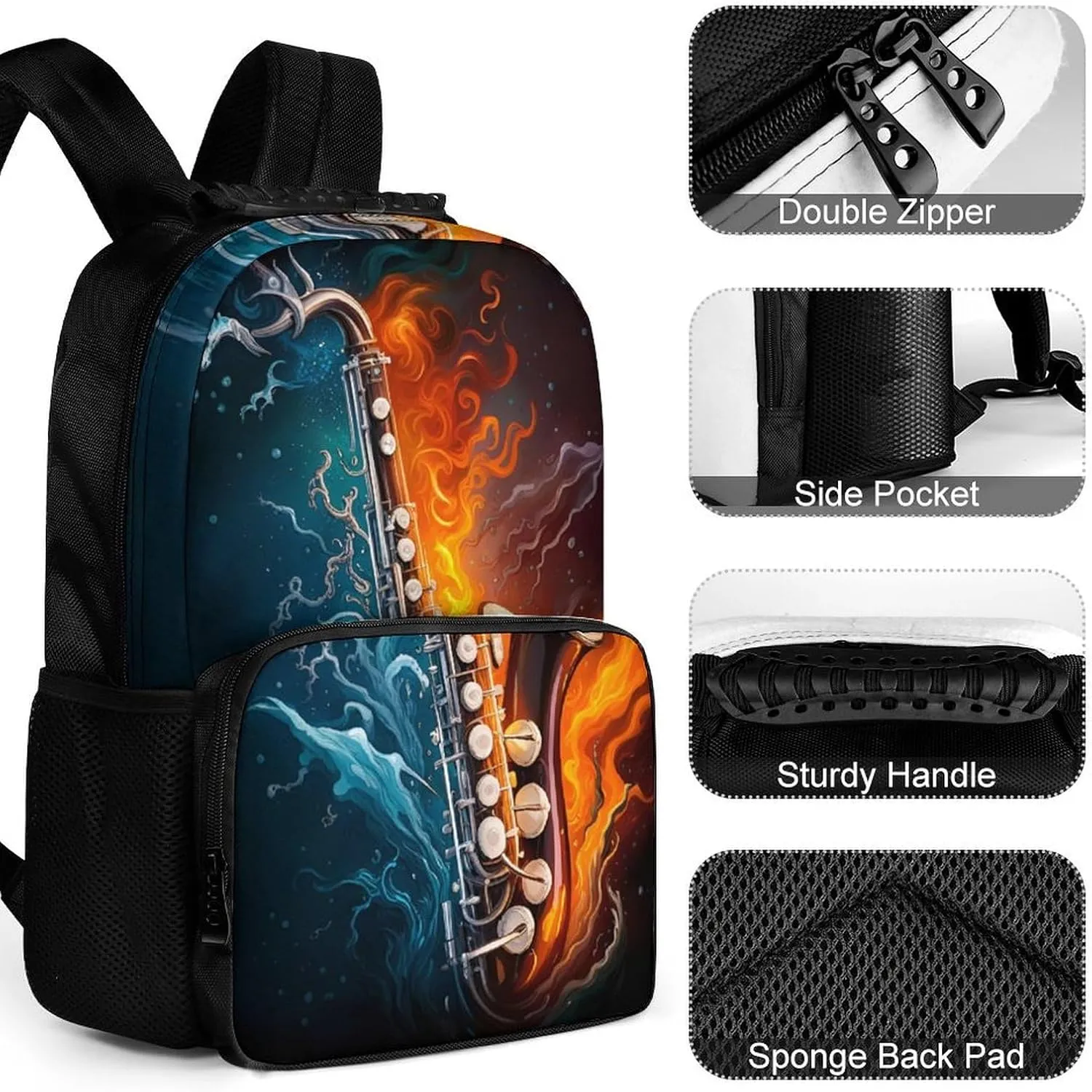 Polyester Daypack Bookbag for Gym Business Bicycle - Large Capacity Multipurpose Anti-Theft Carry On Bag, Saxophone In Fire And Water Art Travel Hiking Daypack