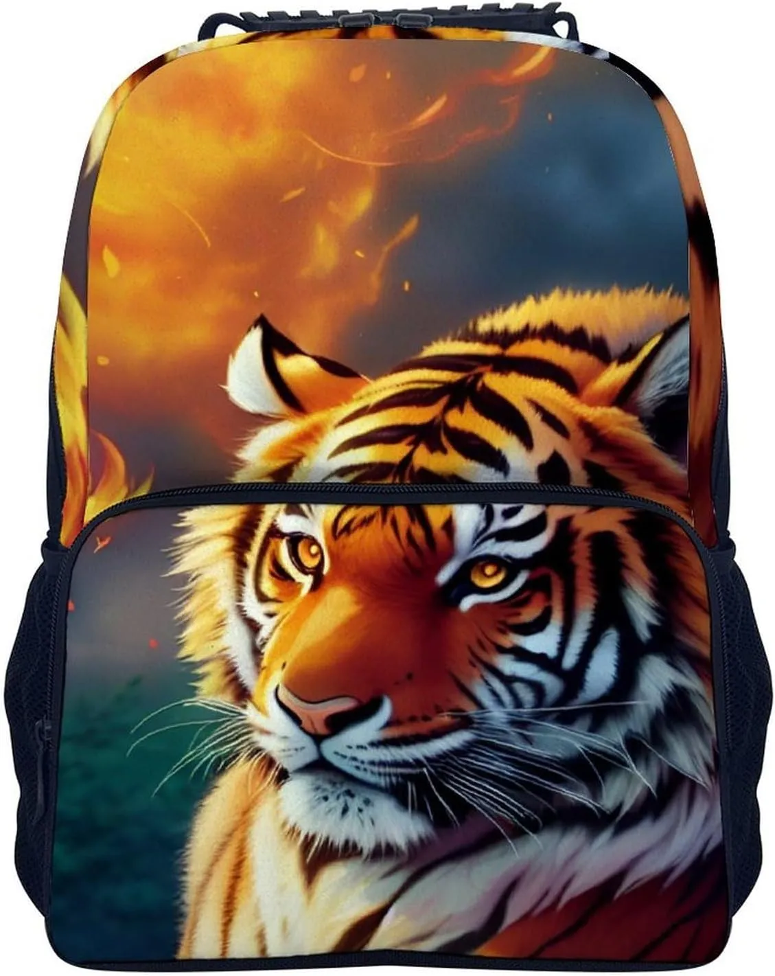 Polyester Daypack for Hiking Work Running - Big Capacity Anti-Theft Multipurpose Shoulder Bag, Wild And Angry Tiger Fire Flame Brave Mammal King Roar Art Travel and Sport Backpack Rucksack