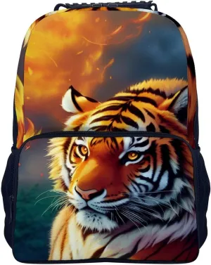 Polyester Daypack for Hiking Work Running - Big Capacity Anti-Theft Multipurpose Shoulder Bag, Wild And Angry Tiger Fire Flame Brave Mammal King Roar Art Travel and Sport Backpack Rucksack