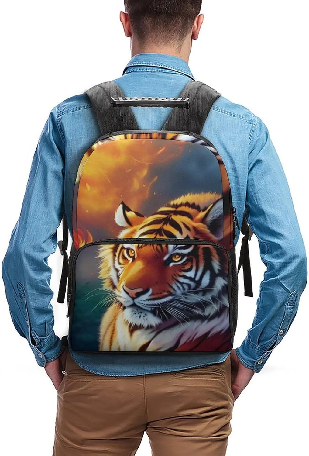 Polyester Daypack for Hiking Work Running - Big Capacity Anti-Theft Multipurpose Shoulder Bag, Wild And Angry Tiger Fire Flame Brave Mammal King Roar Art Travel and Sport Backpack Rucksack