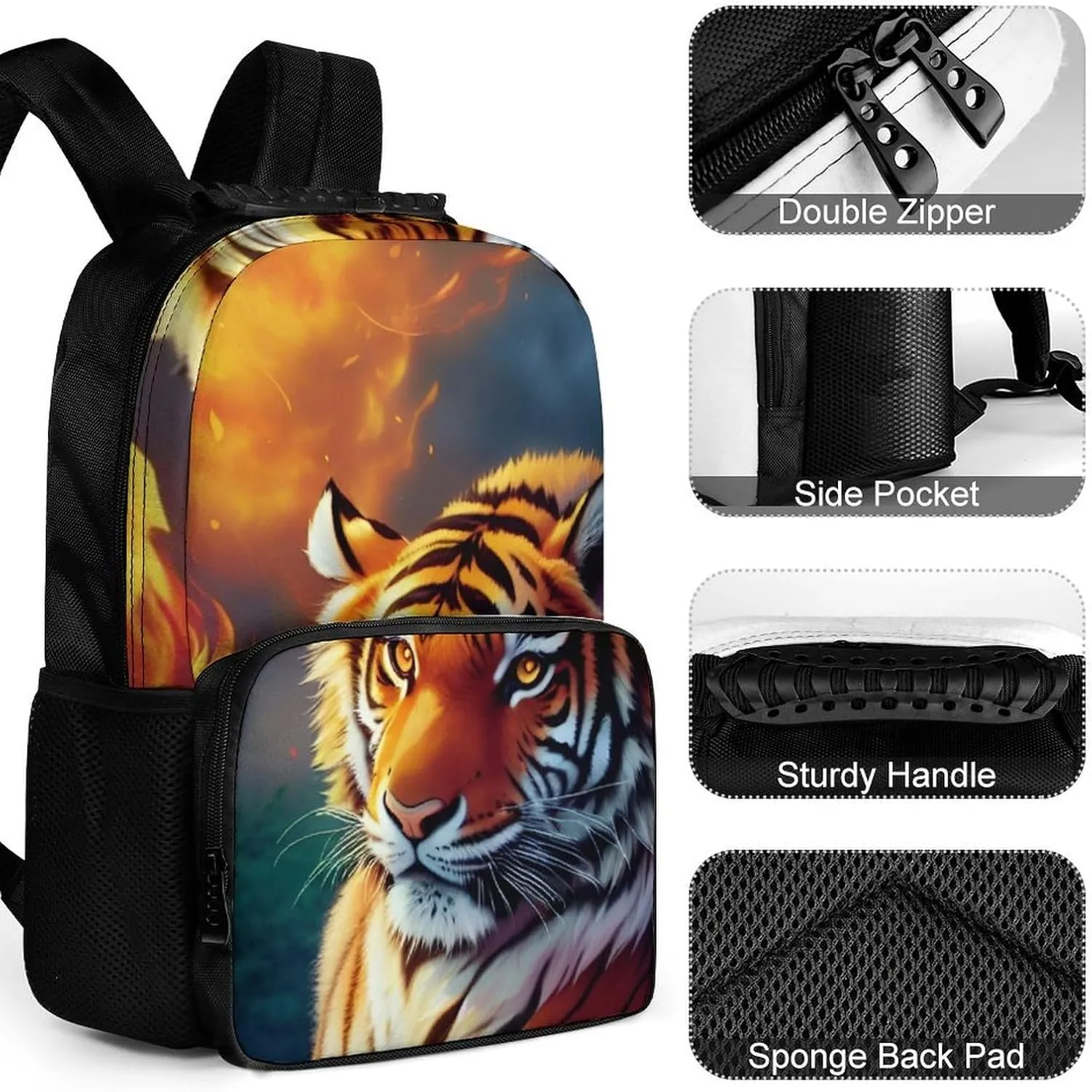 Polyester Daypack for Hiking Work Running - Big Capacity Anti-Theft Multipurpose Shoulder Bag, Wild And Angry Tiger Fire Flame Brave Mammal King Roar Art Travel and Sport Backpack Rucksack