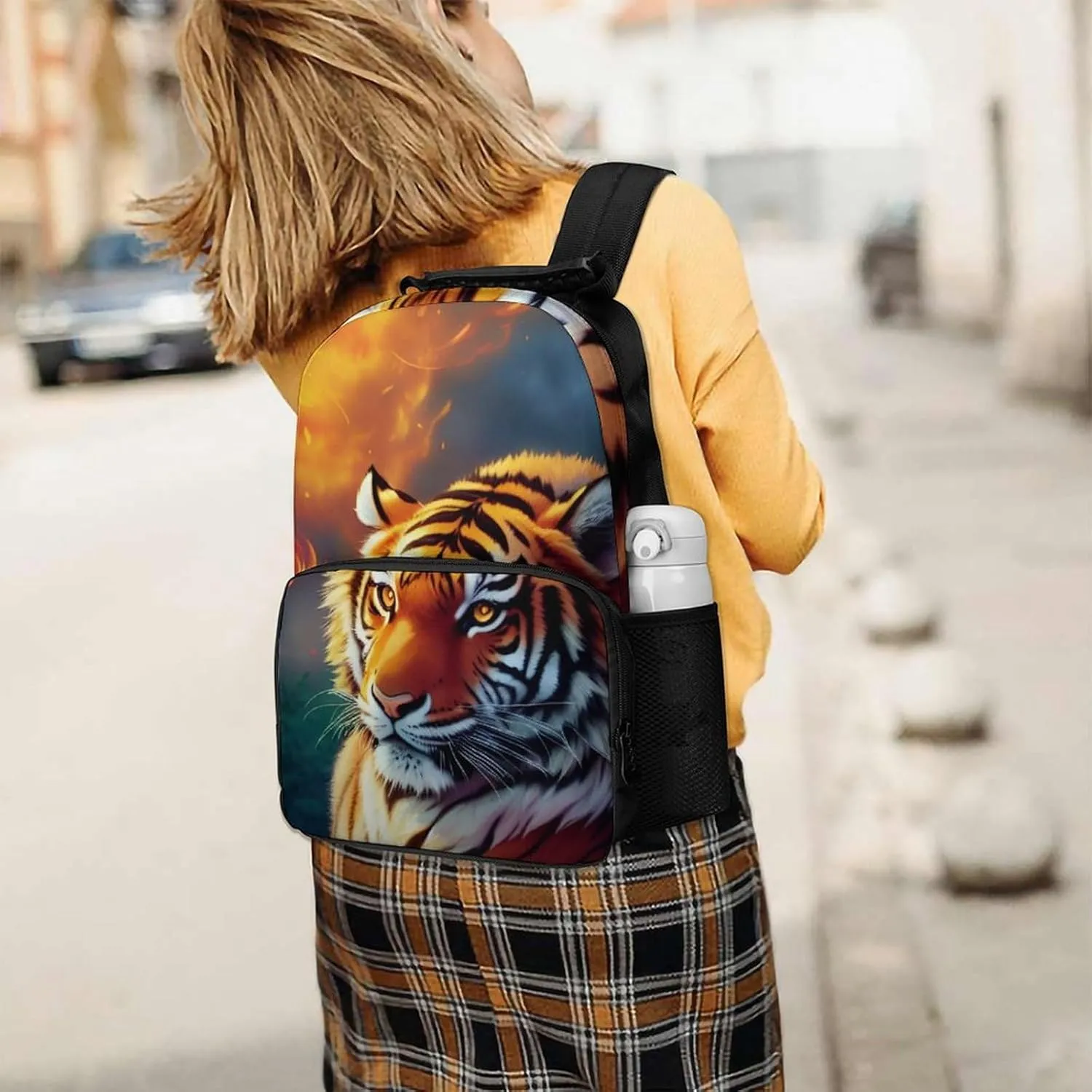 Polyester Daypack for Hiking Work Running - Big Capacity Anti-Theft Multipurpose Shoulder Bag, Wild And Angry Tiger Fire Flame Brave Mammal King Roar Art Travel and Sport Backpack Rucksack