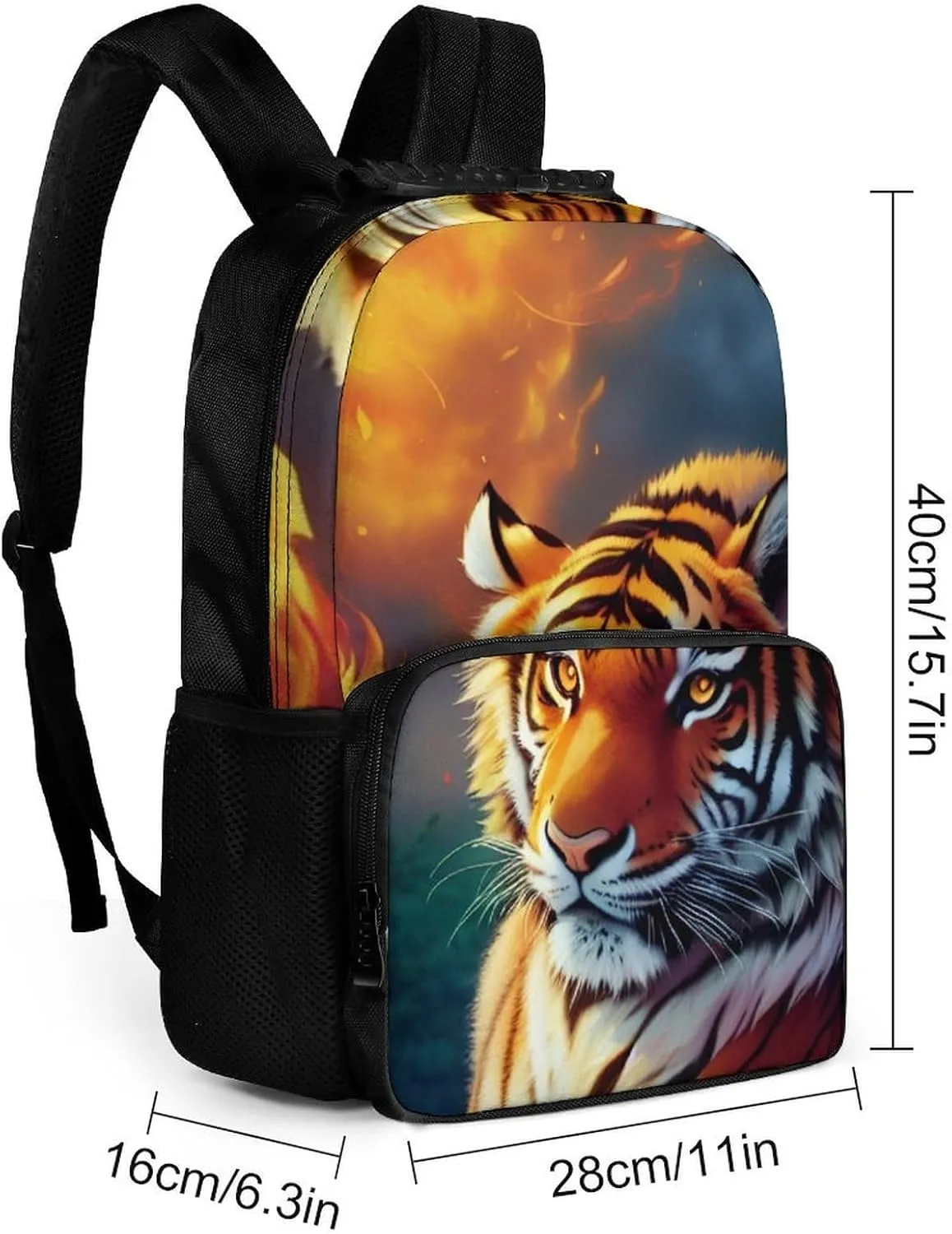 Polyester Daypack for Hiking Work Running - Big Capacity Anti-Theft Multipurpose Shoulder Bag, Wild And Angry Tiger Fire Flame Brave Mammal King Roar Art Travel and Sport Backpack Rucksack