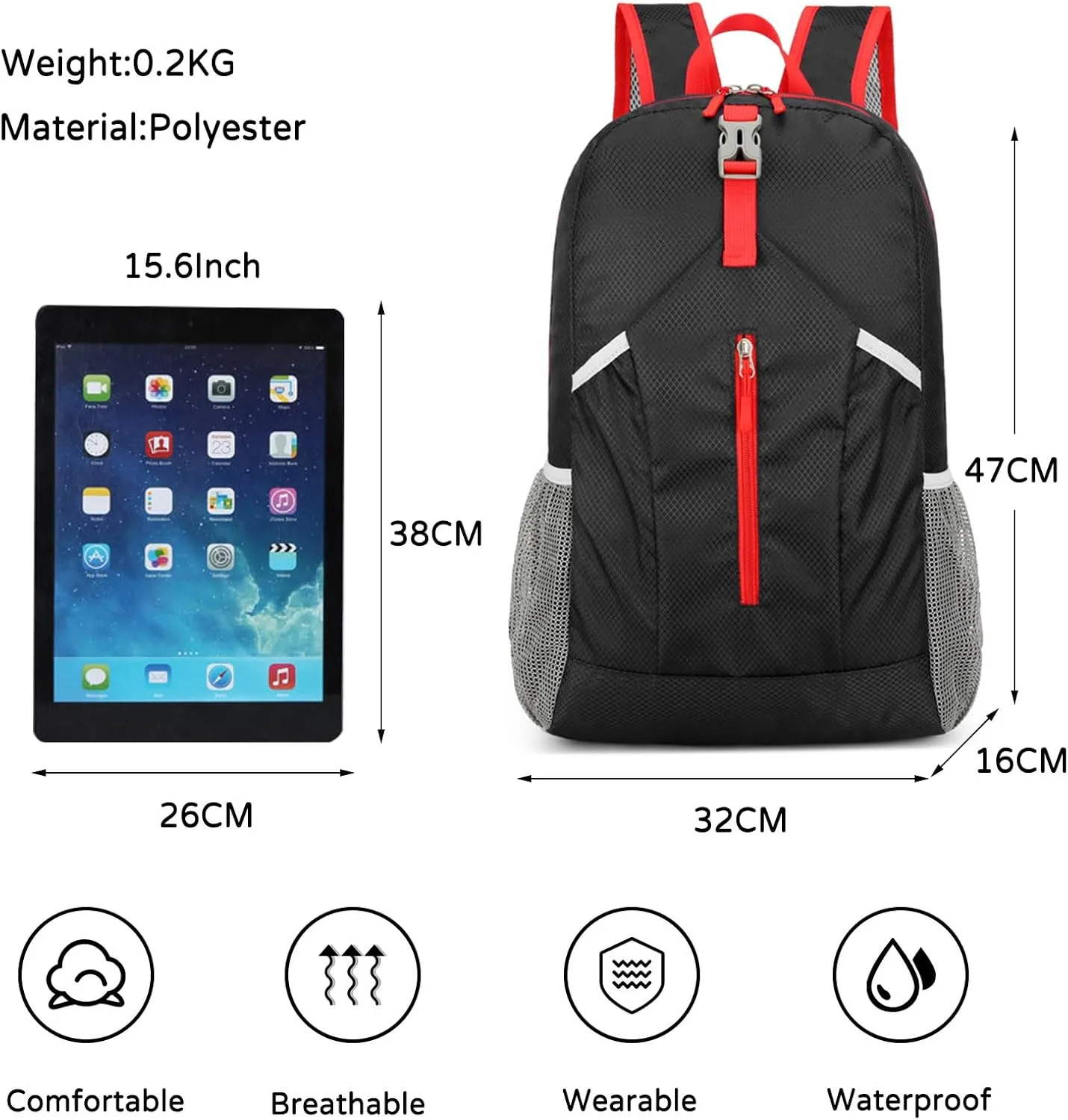 PORRASSO Hiking Backpack Foldable Daypack 21L Rucksack Lightweight Waterproof Backpack for Women Men Trekking Cycling Climbing Outdoor Sports Black