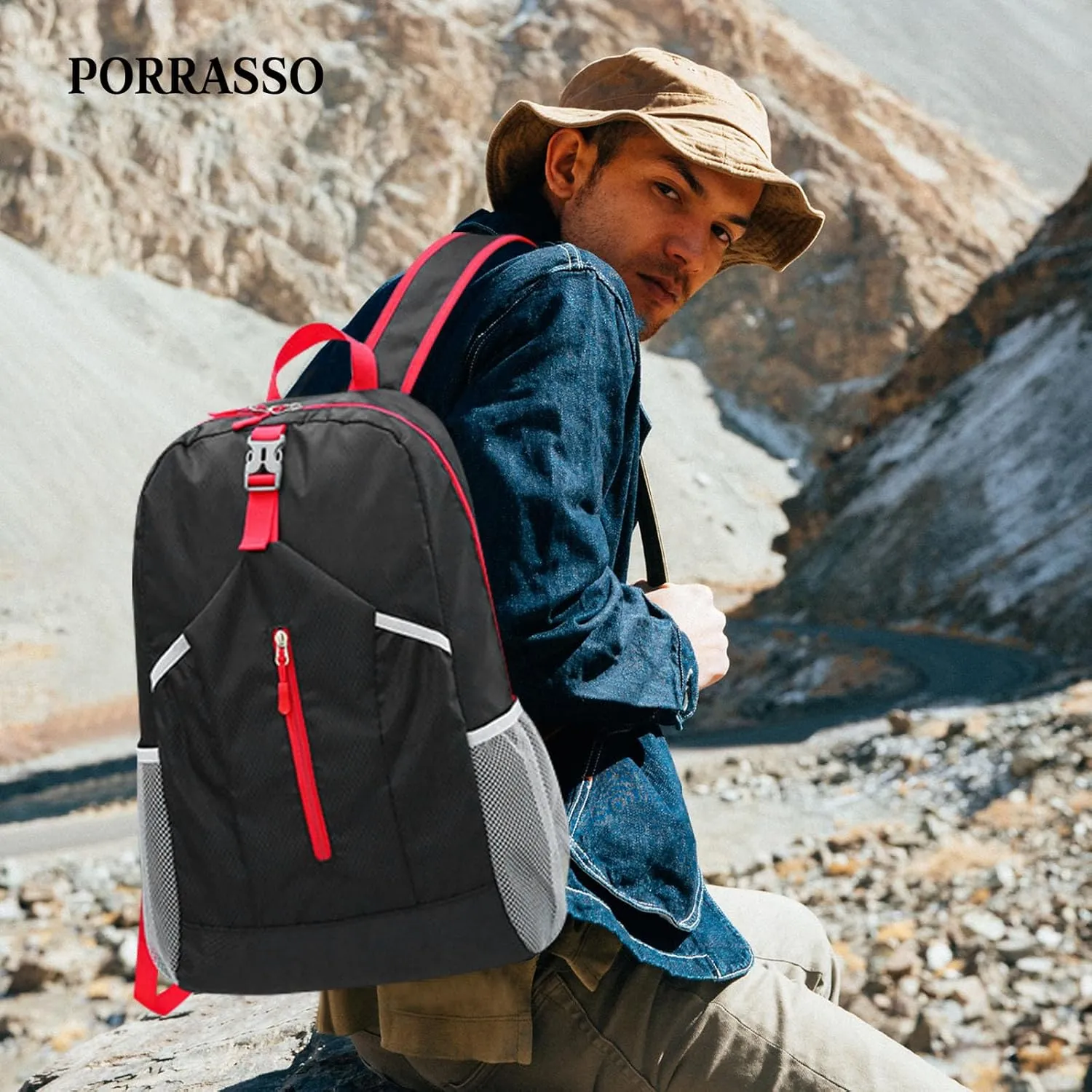 PORRASSO Hiking Backpack Foldable Daypack 21L Rucksack Lightweight Waterproof Backpack for Women Men Trekking Cycling Climbing Outdoor Sports Black
