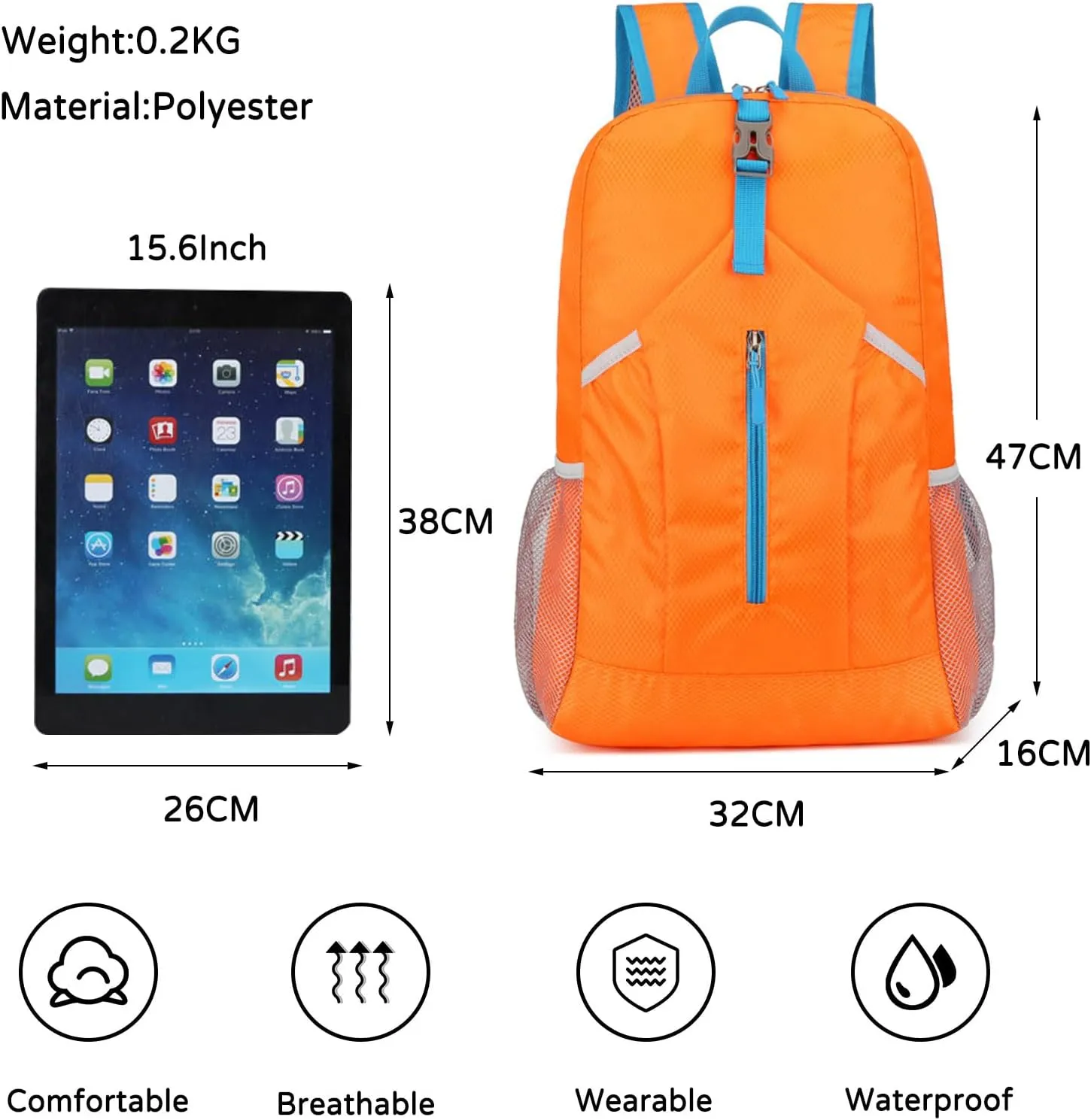 PORRASSO Hiking Backpack Foldable Daypack 21L Rucksack Lightweight Waterproof Backpack for Women Men Trekking Cycling Climbing Outdoor Sports Orange