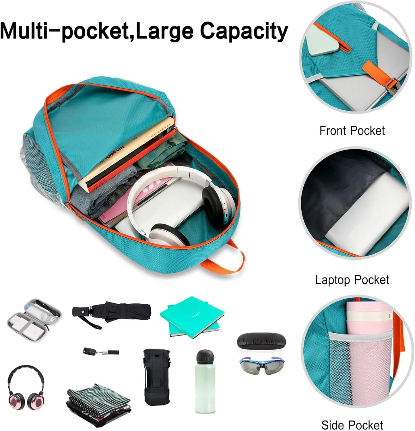 PORRASSO Hiking Backpack Foldable Daypack 21L Rucksack Lightweight Waterproof Backpack for Women Men Trekking Cycling Climbing Outdoor Sports Orange