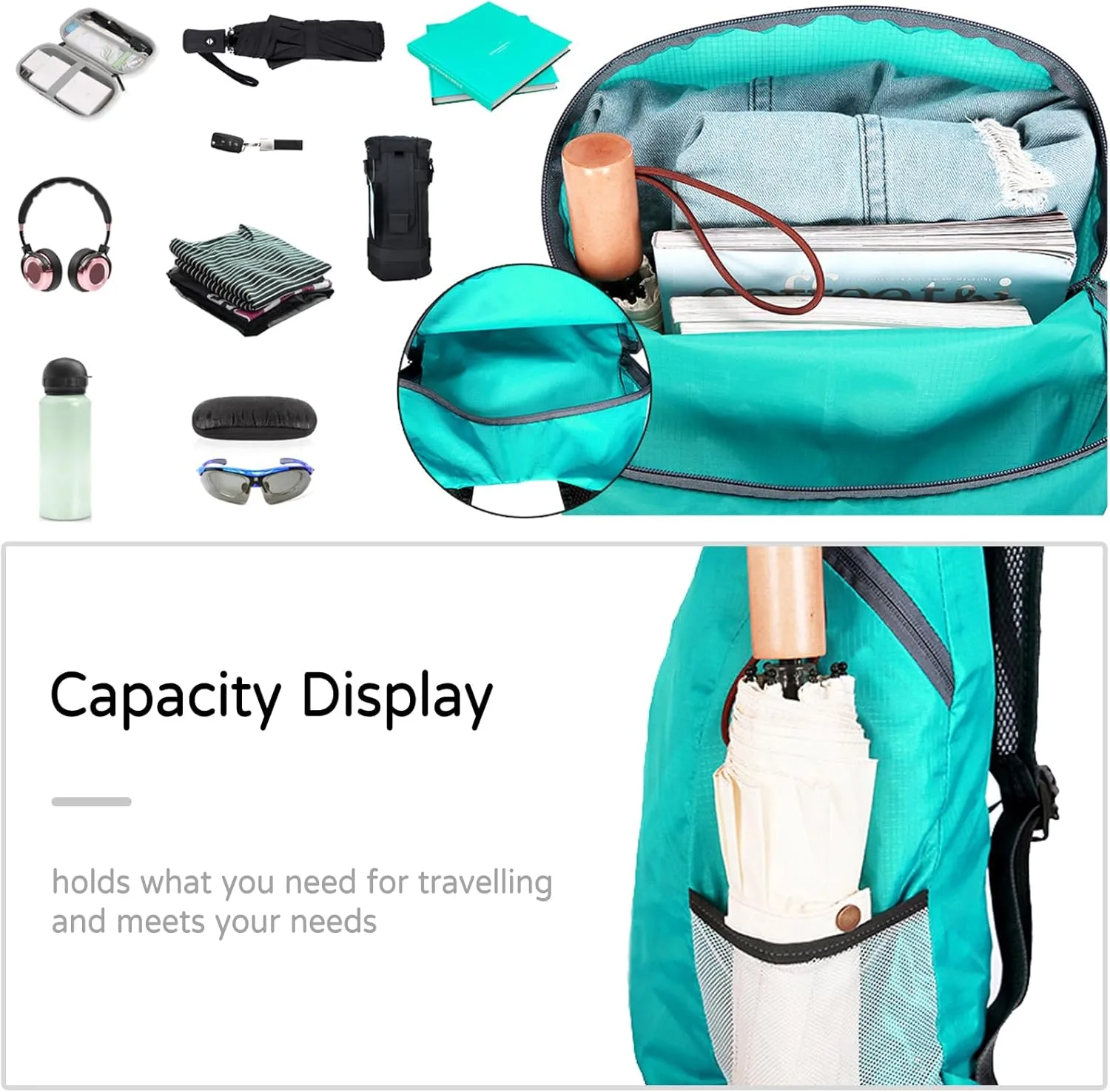 PORRASSO Hiking Backpack Lightweight Waterproof Daypack 20L Foldable Rucksack Backpack for Women Men Camping Trekking Cycling Climbing Outdoor Sports Black Grey