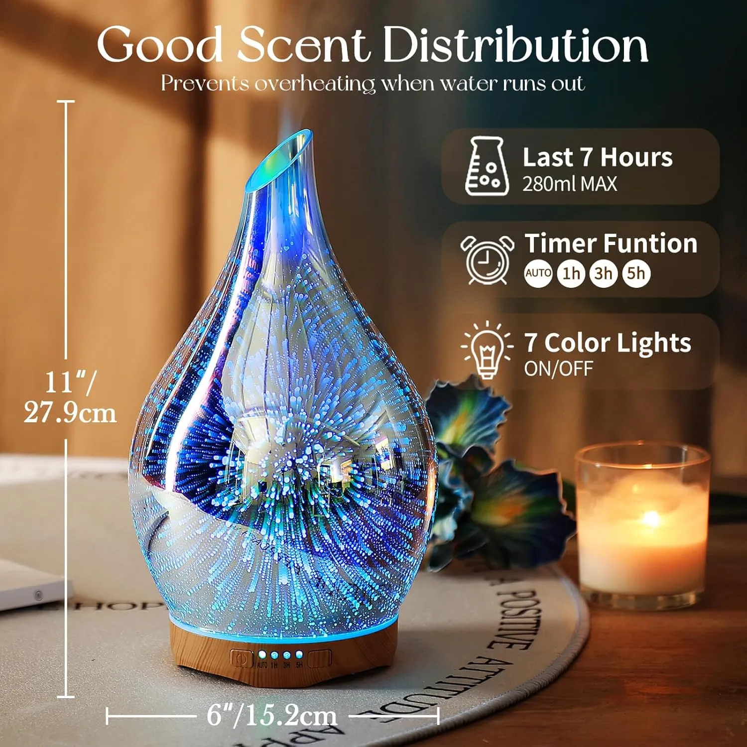Porseme Essential Oil Diffuser 280ml Aromatherapy Ultrasonic Oil Diffusers 3D Glass Cool Mist Humidifier, Air Refresh Auto Shut-Off, Timer Setting, BPA Free for Home Hotel Yoga Leisure SPA Gift