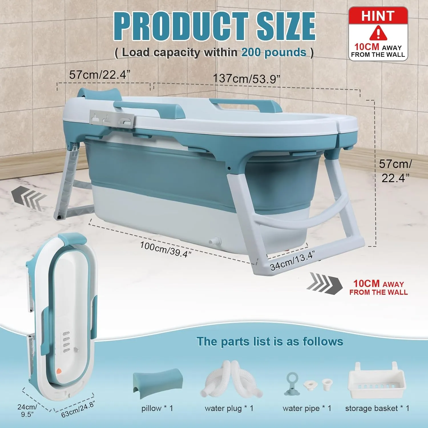 Portable Bathtub Portable Bath Tubs Adult, Large Collapsible Bathtub for Shower, Ice Bath, Soaking Tub, Freestanding Bathtubs with Massage Board, Portable Camping Shower Blue Blue