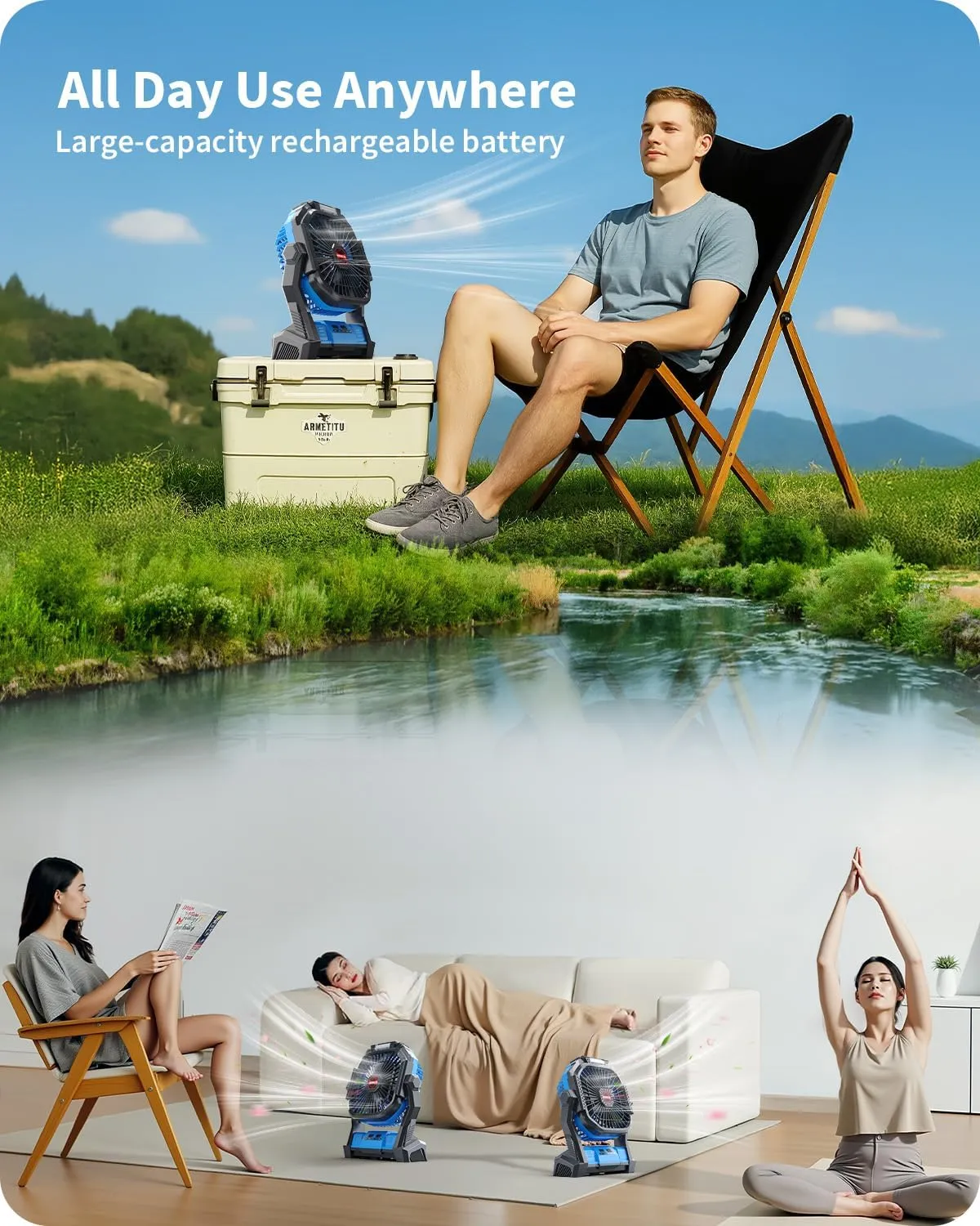 Portable Battery Operated Fan, 20000mAh Rechargeable Camping Fan with LED Lantern, Hang Hook, Camping Gear for Travel, BBQ, Fishing, Hurricane （Blue）